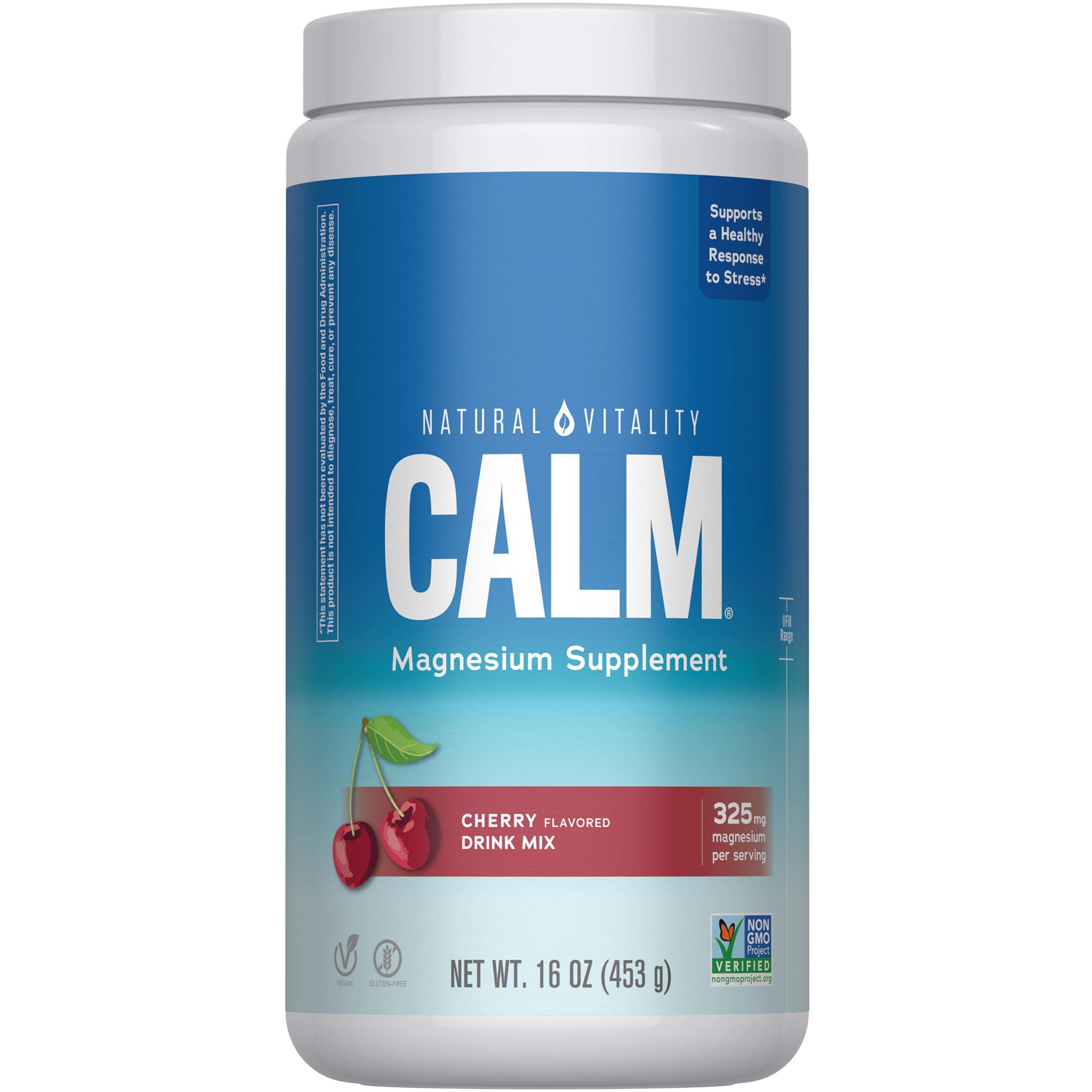 Natural Vitality CALM magnesium powder bottle with focus on convenient stress support.