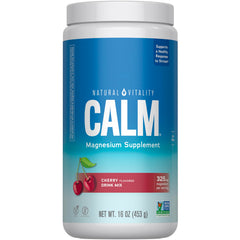 Natural Vitality CALM magnesium powder bottle with focus on convenient stress support.