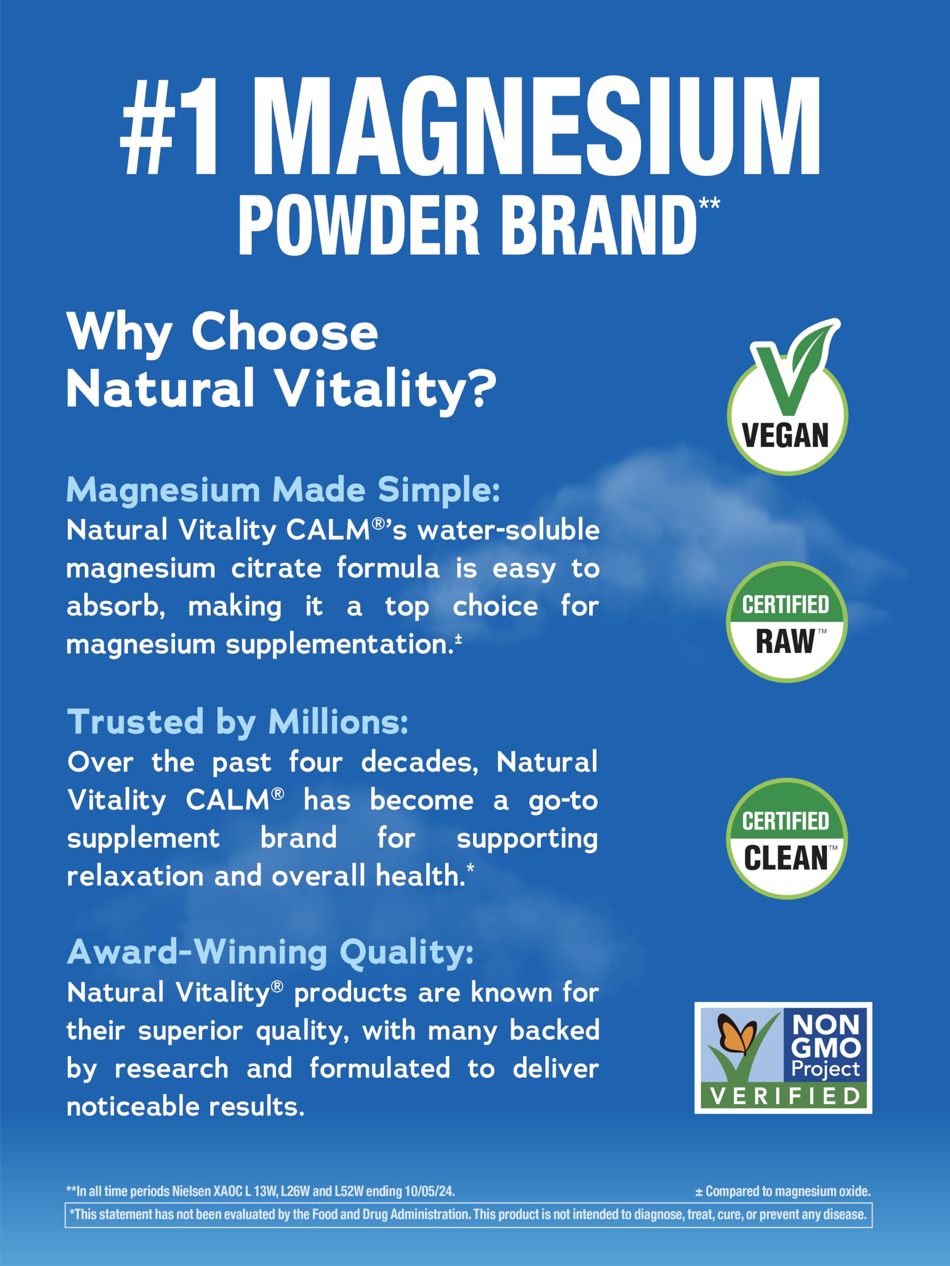 Natural Vitality Calm stick packets pouring into glass, quick dissolve for relaxed muscles.