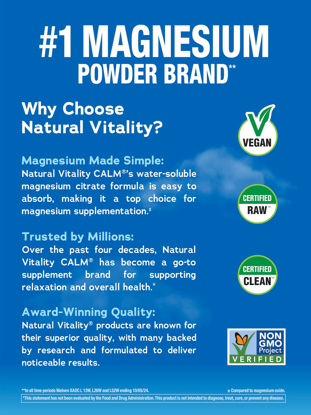 Natural Vitality Calm stick packets pouring into glass, quick dissolve for relaxed muscles.