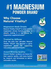 Natural Vitality Calm stick packets pouring into glass, quick dissolve for relaxed muscles.