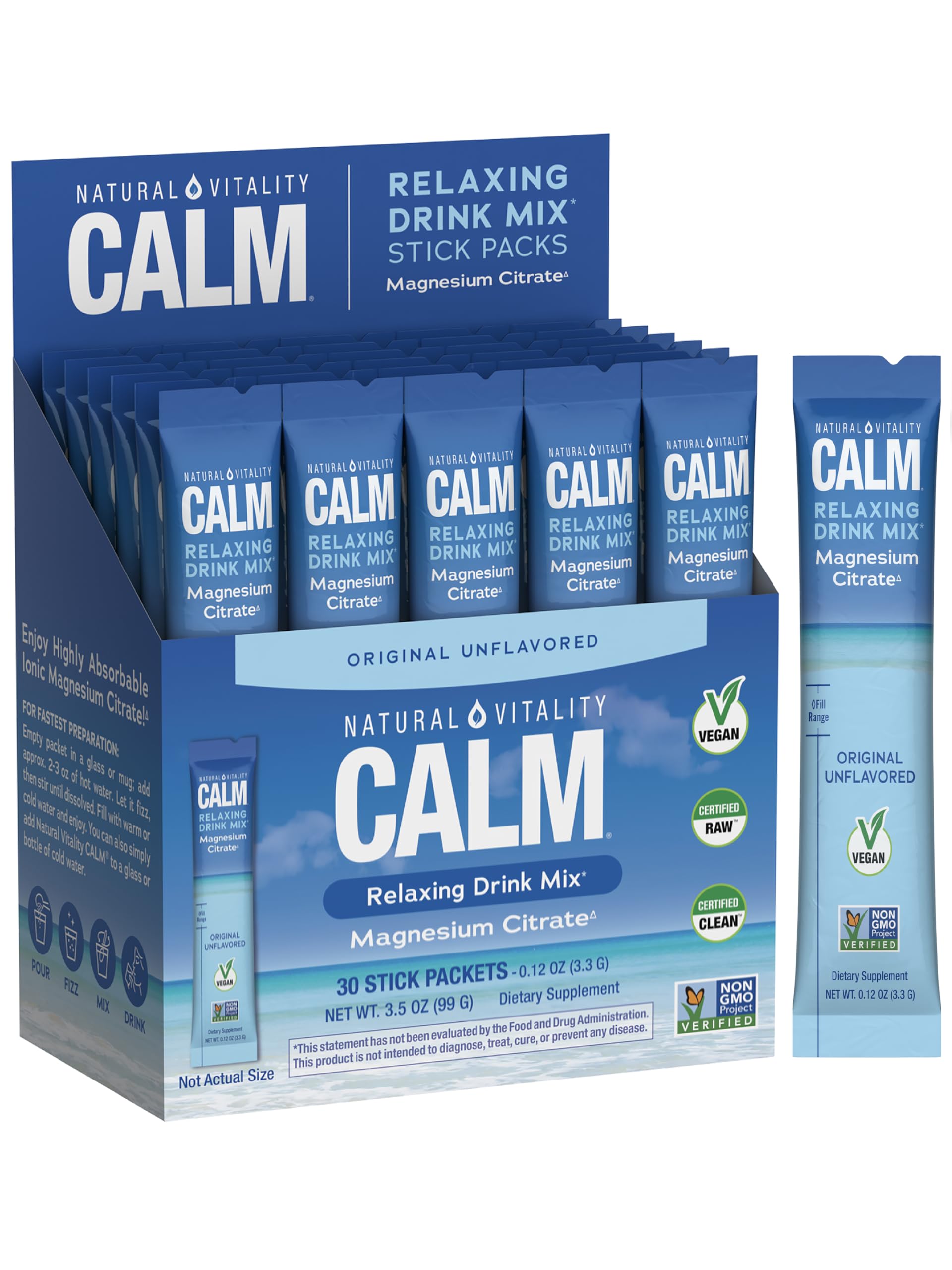 Natural Vitality Calm magnesium stick packets front view, convenient on-the-go calming drink mix.