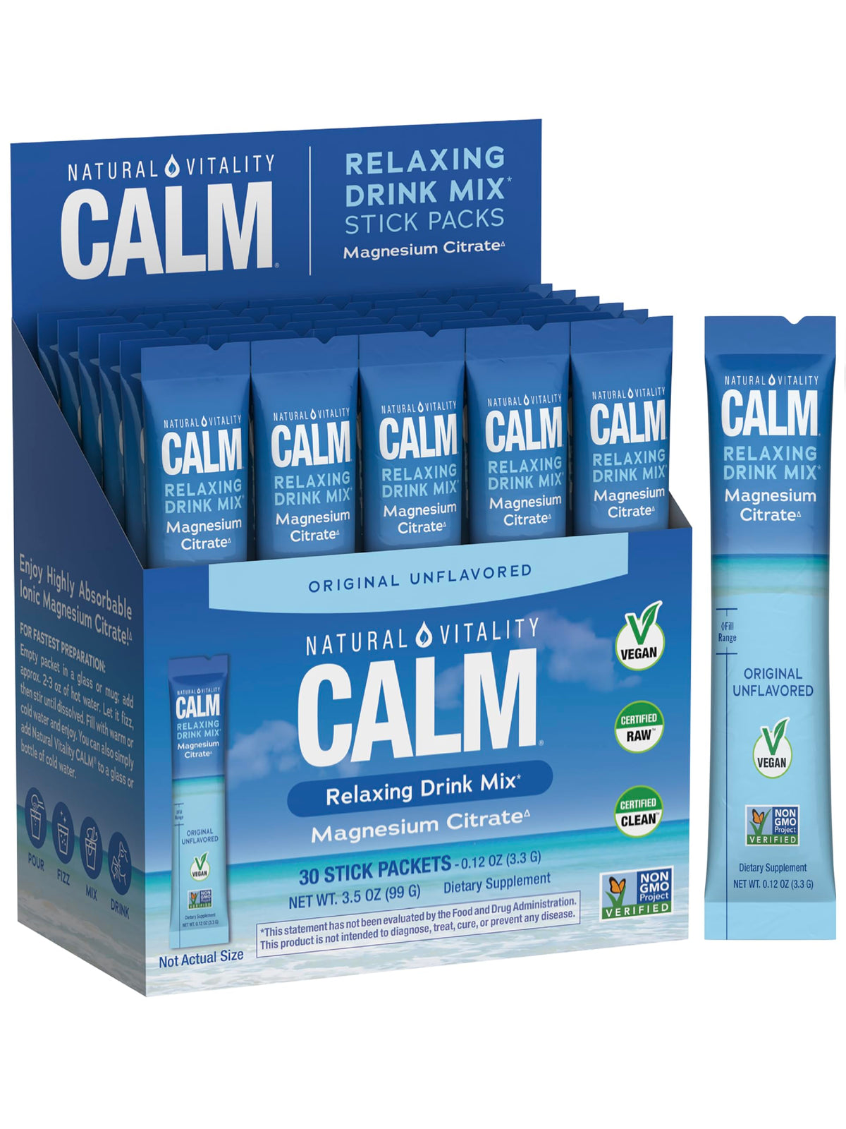 Natural Vitality Calm magnesium stick packets front view, convenient on-the-go calming drink mix.