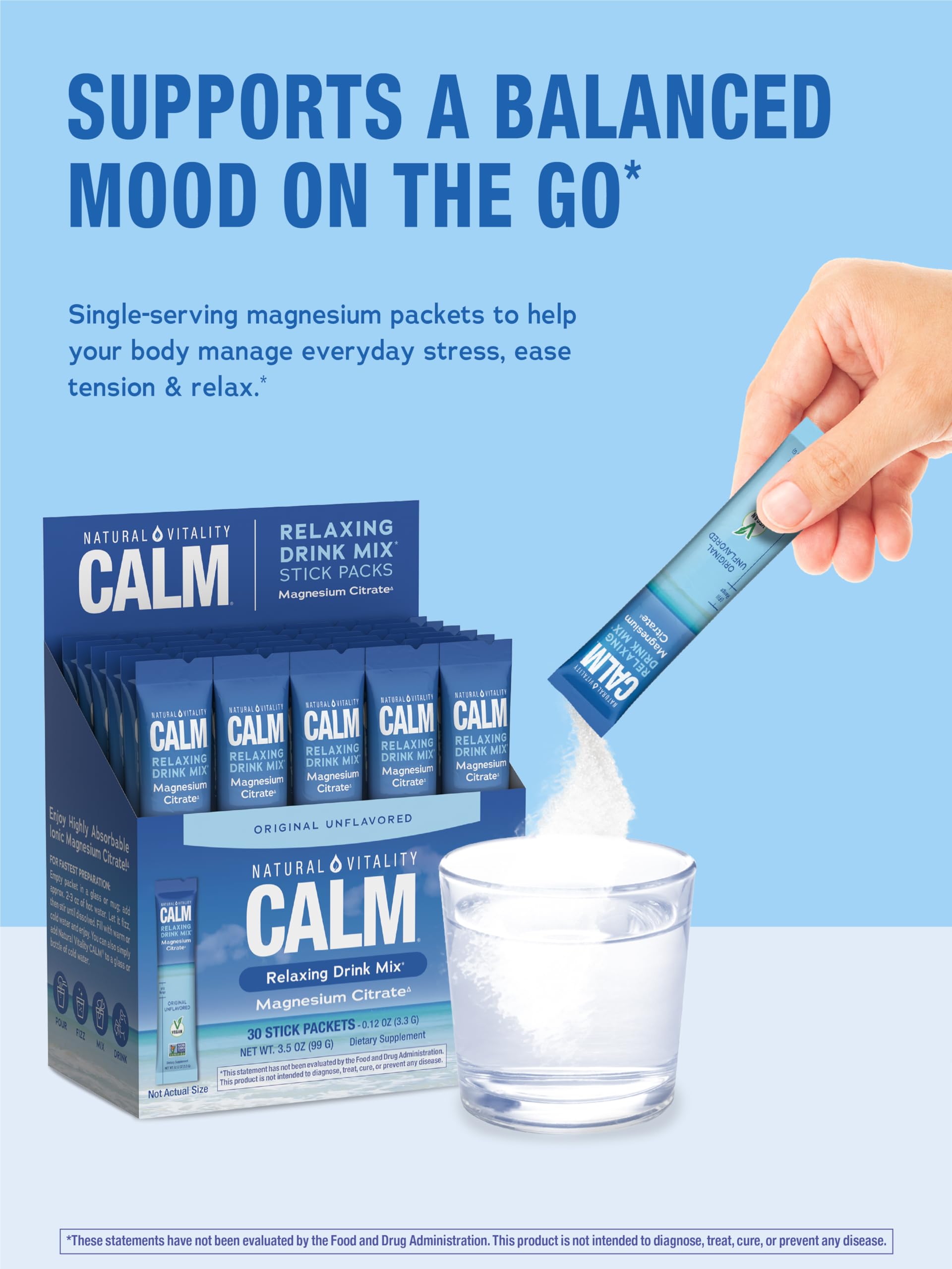 Natural Vitality Calm packaging label highlights gluten-free and vegan formulation.