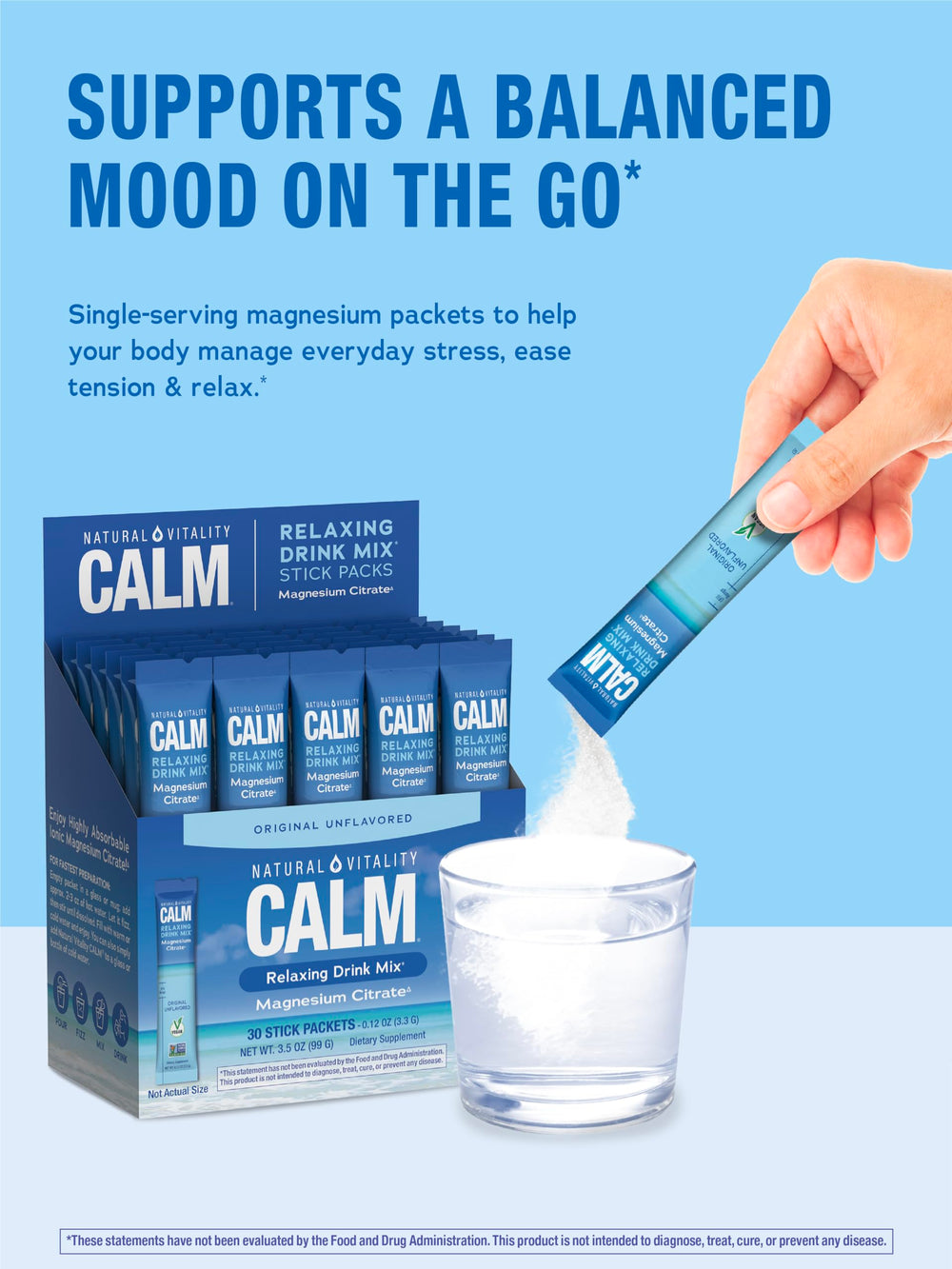 Natural Vitality Calm packaging label highlights gluten-free and vegan formulation.