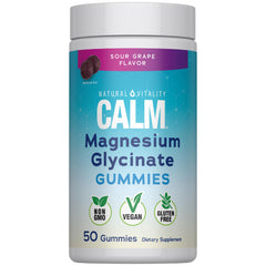 Natural Vitality CALM gummies bottle shows grape flavor for daily magnesium support.