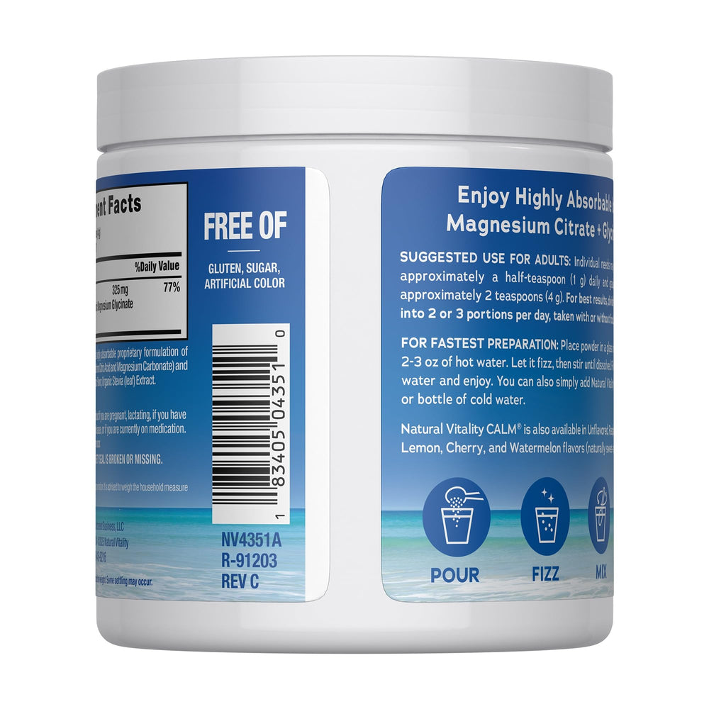 Natural Vitality CALM powder dissolving in water refreshing orange fizz