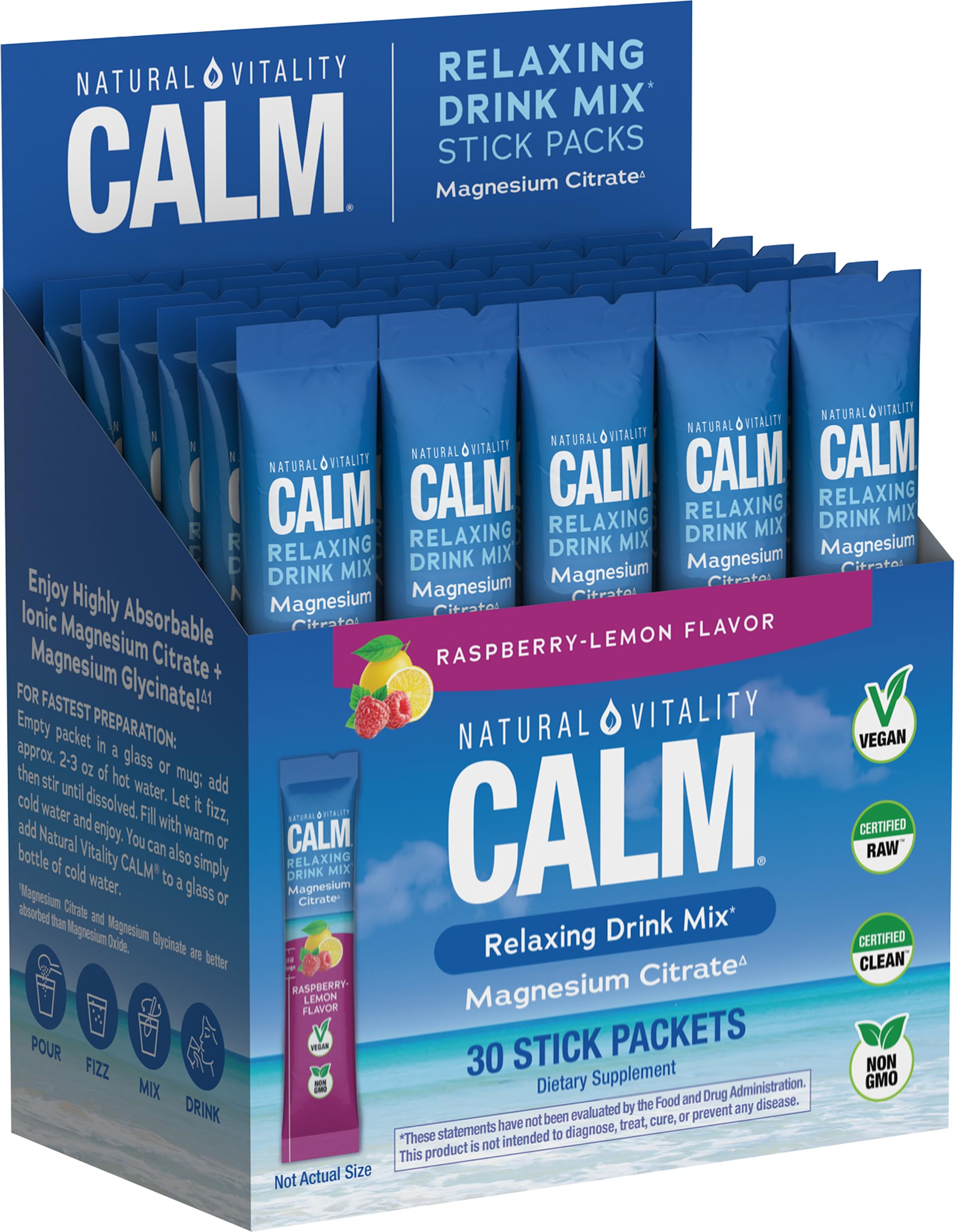 Natural Vitality CALM raspberry lemon drink being poured for a relaxing moment.