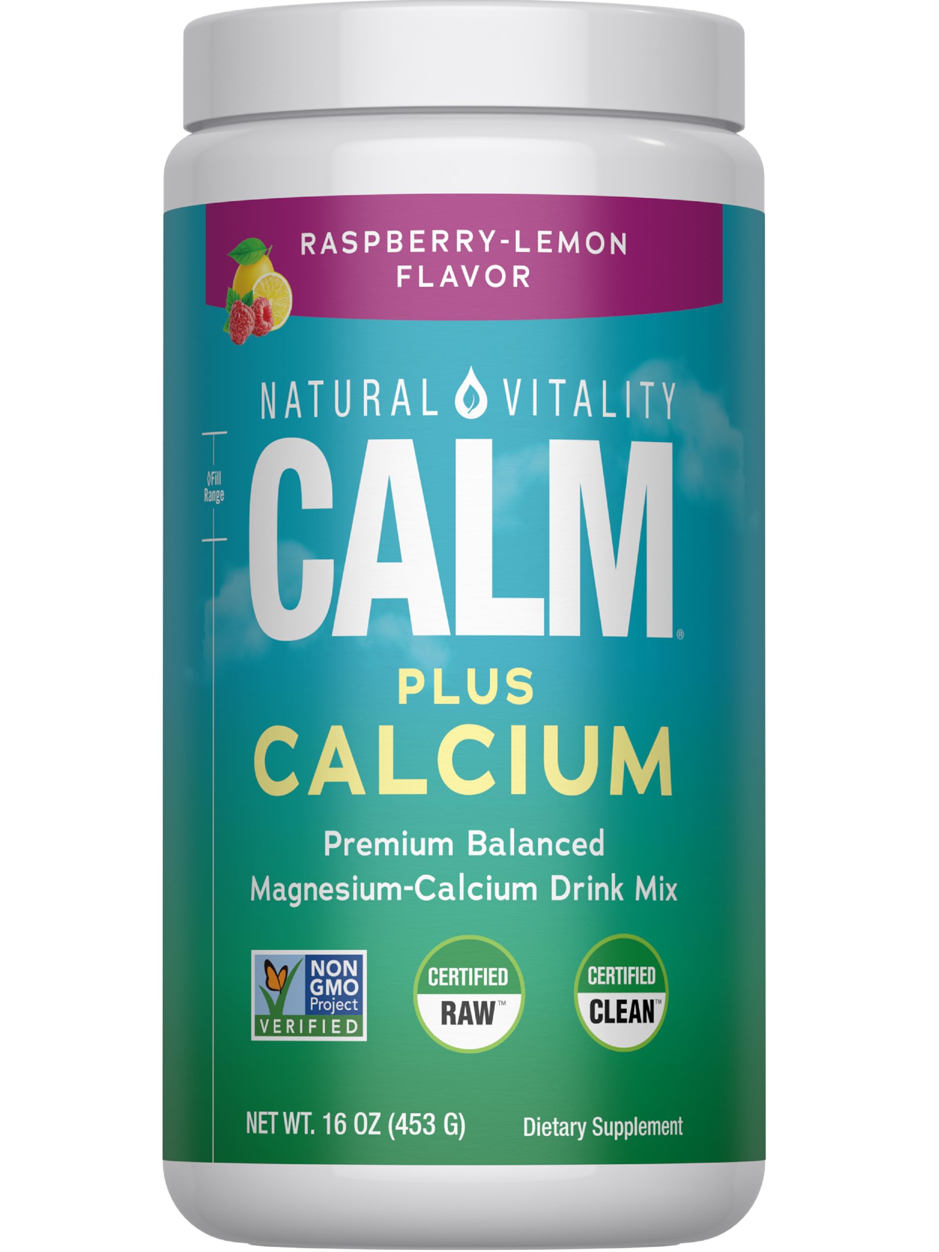 Natural Vitality CALM raspberry lemon powder dissolving in water for relaxation.