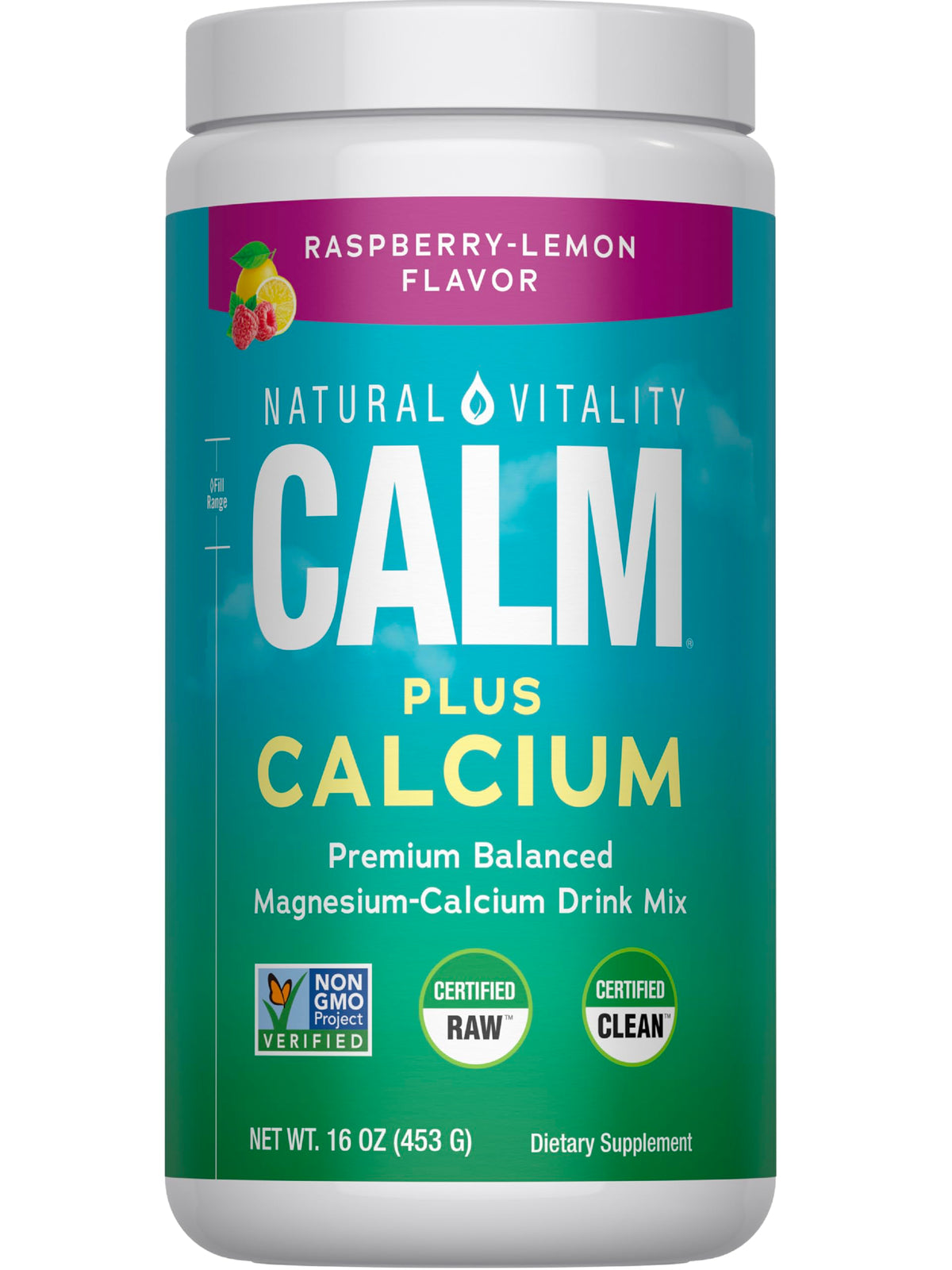 Natural Vitality CALM raspberry lemon powder dissolving in water for relaxation.