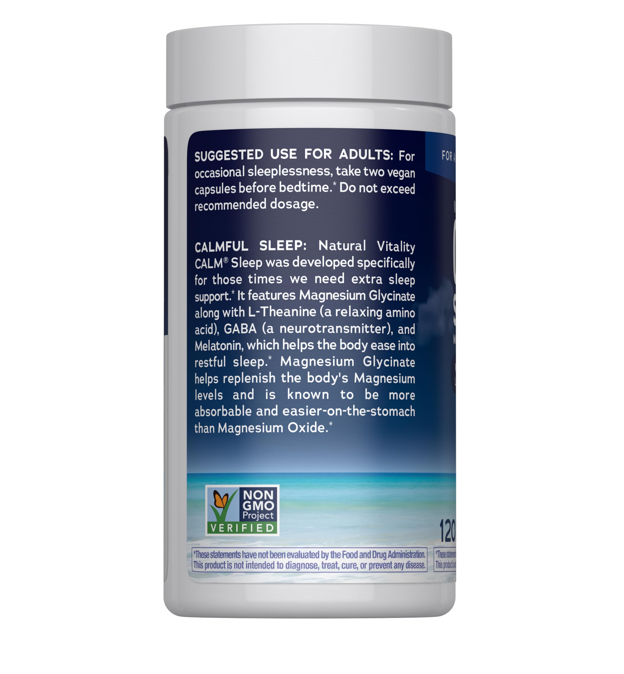 Natural Vitality Calm Sleep packaging indicating vegan, gluten-free wellness