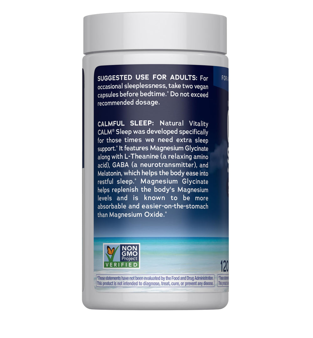 Natural Vitality Calm Sleep packaging indicating vegan, gluten-free wellness