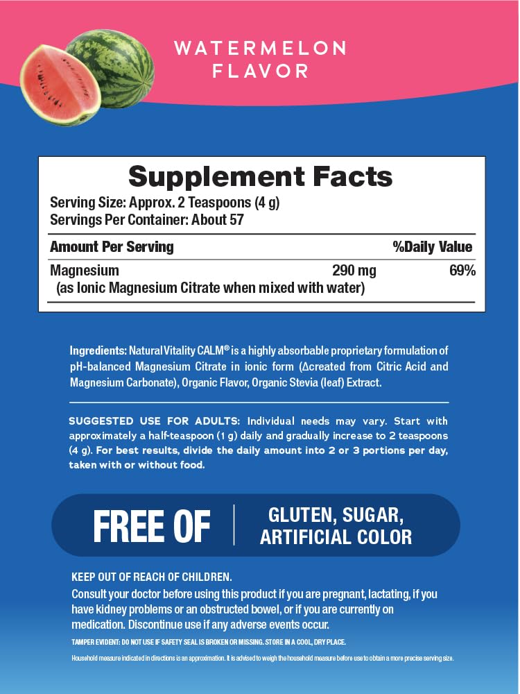 CALM watermelon drink mix visual with ingredients highlighting vegan gluten-free formula