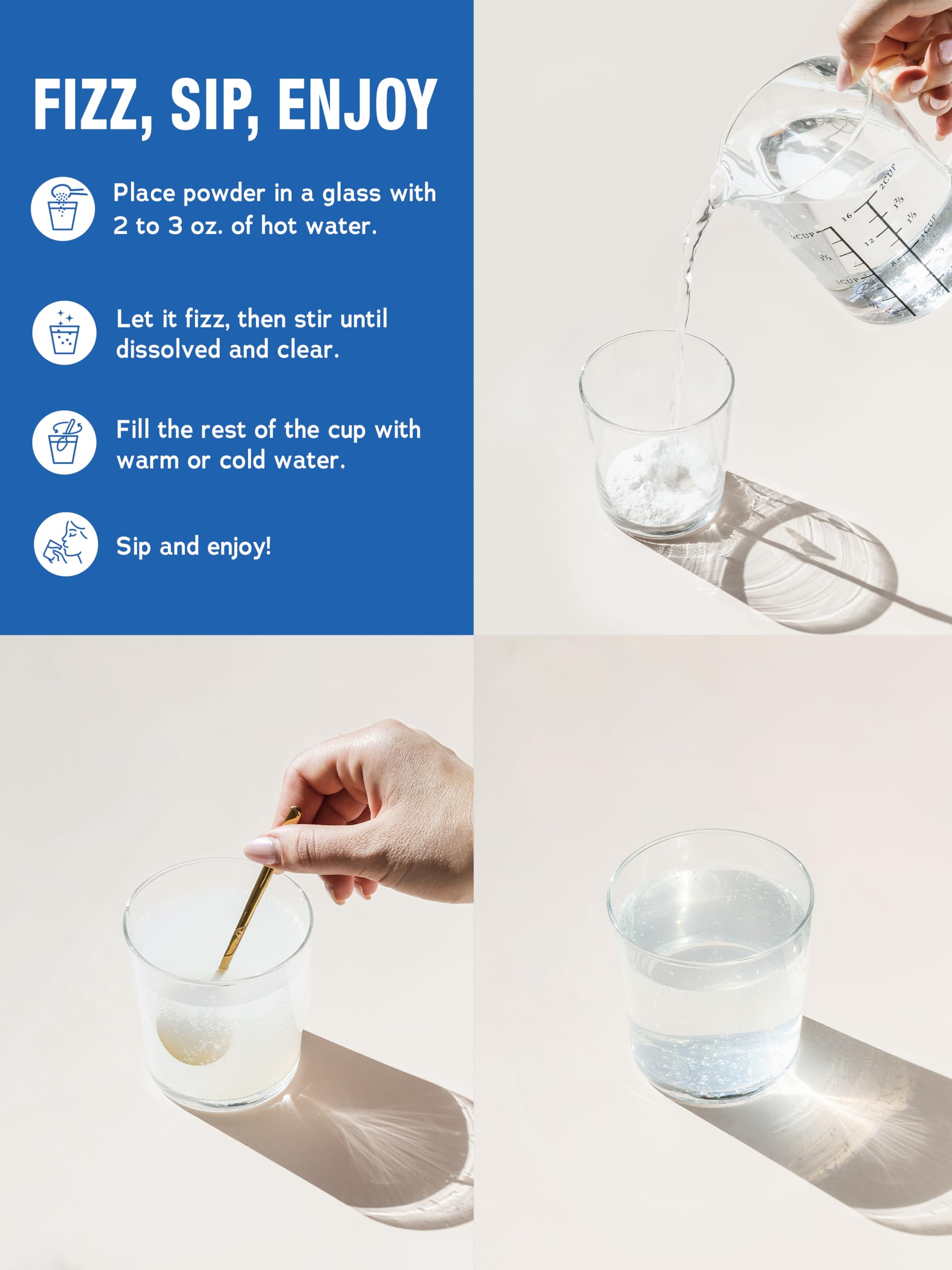 MaxCalm unflavored powder showcasing versatile mixing into drinks.