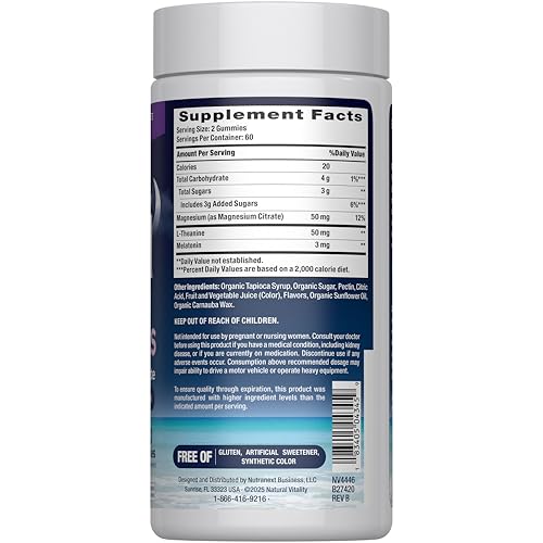 Label of Natural Vitality SLEEP Gummies featuring melatonin and L-theanine benefits.