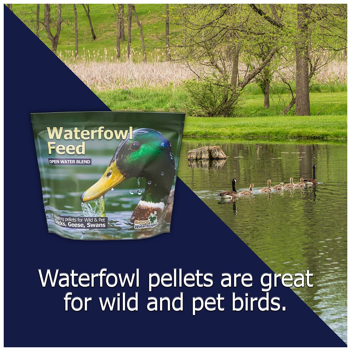Natural Waterscapes Waterfowl Feed resealable package for freshness.