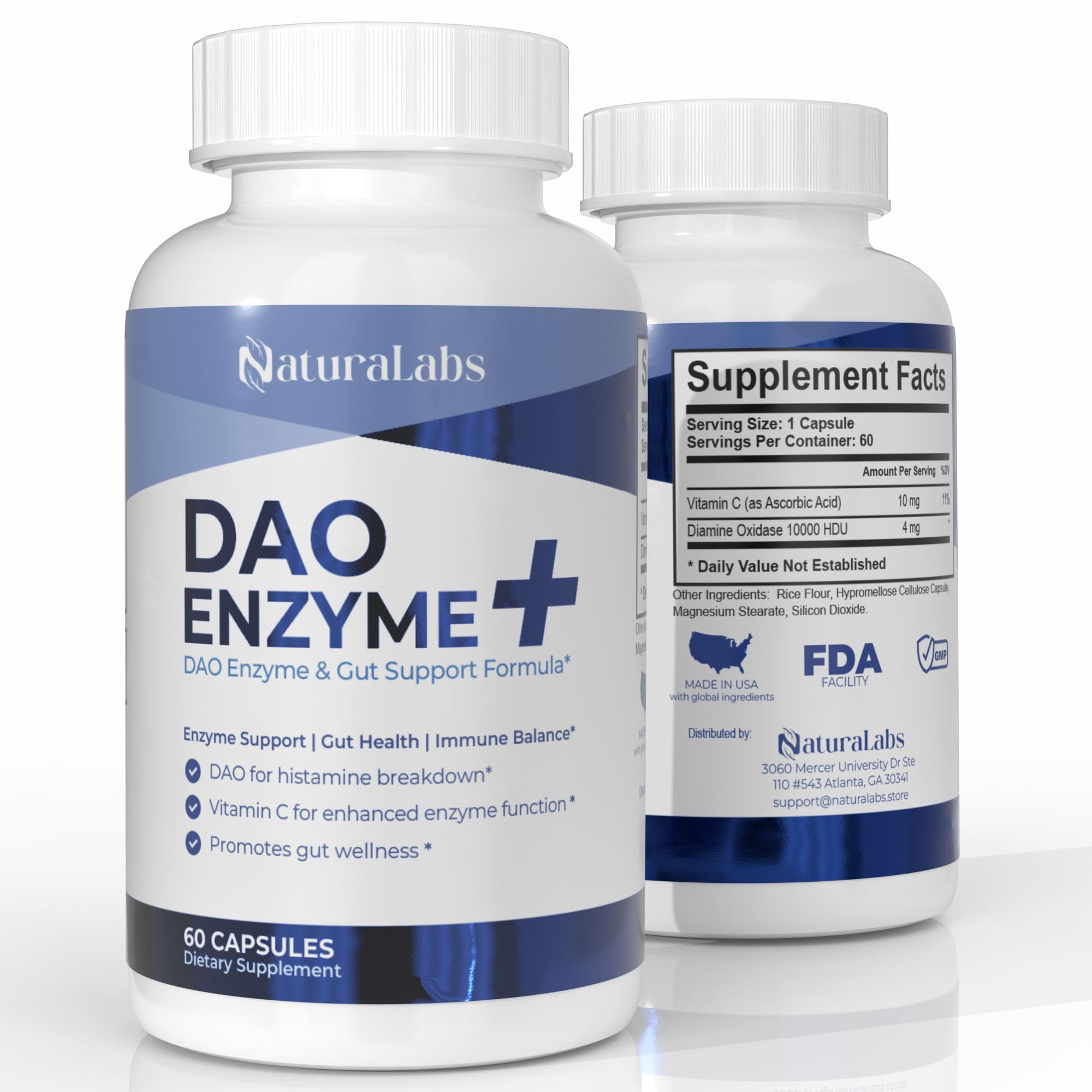 NaturalABS DAO bottle front for convenient histamine support before meals.