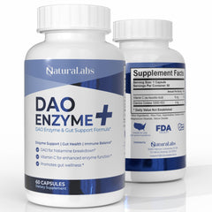 NaturalABS DAO bottle front for convenient histamine support before meals.