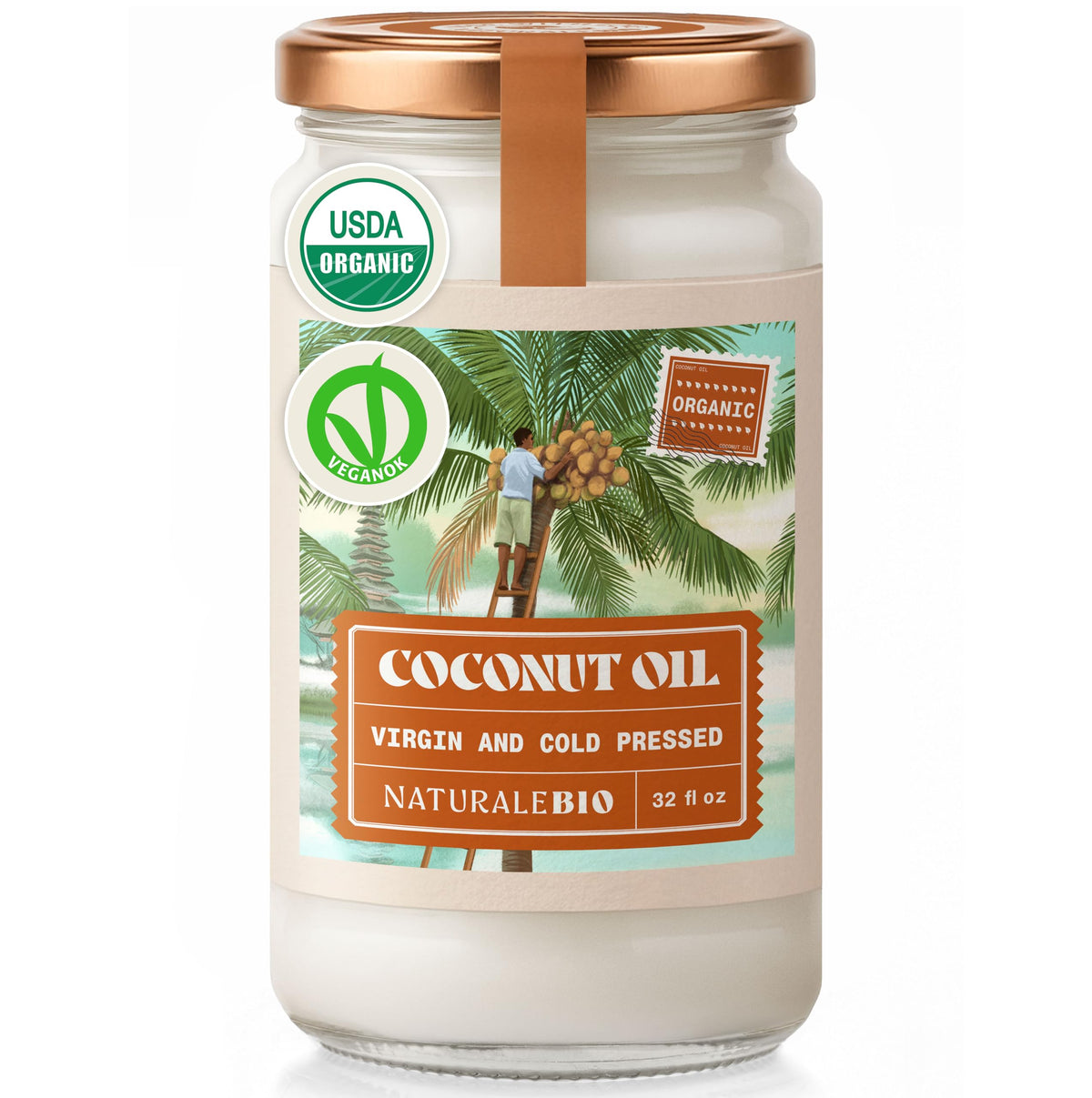 NaturaleBio coconut oil bottle pour highlights versatile kitchen use and massage-ready texture.