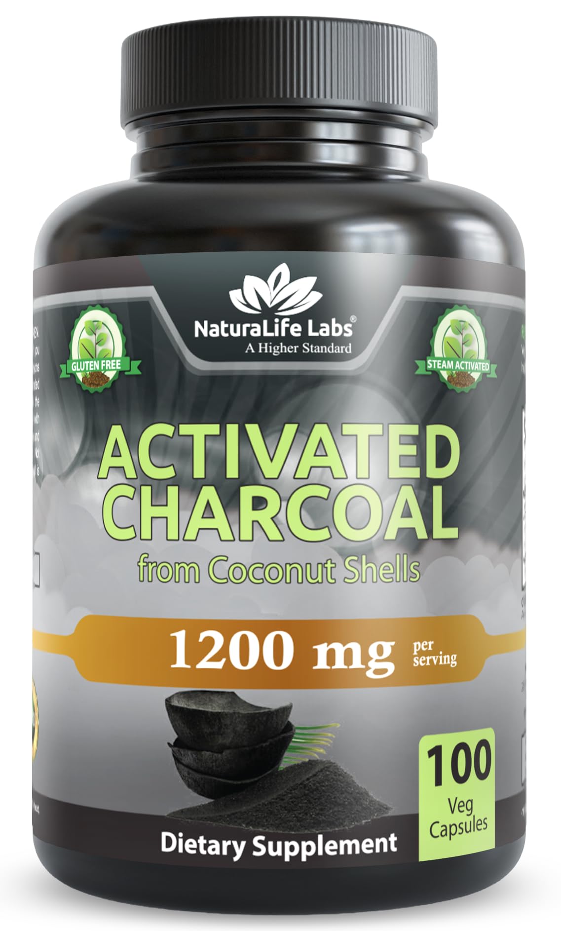 NaturaLife Labs activated charcoal bottle displaying 1200 mg per serving for daily use
