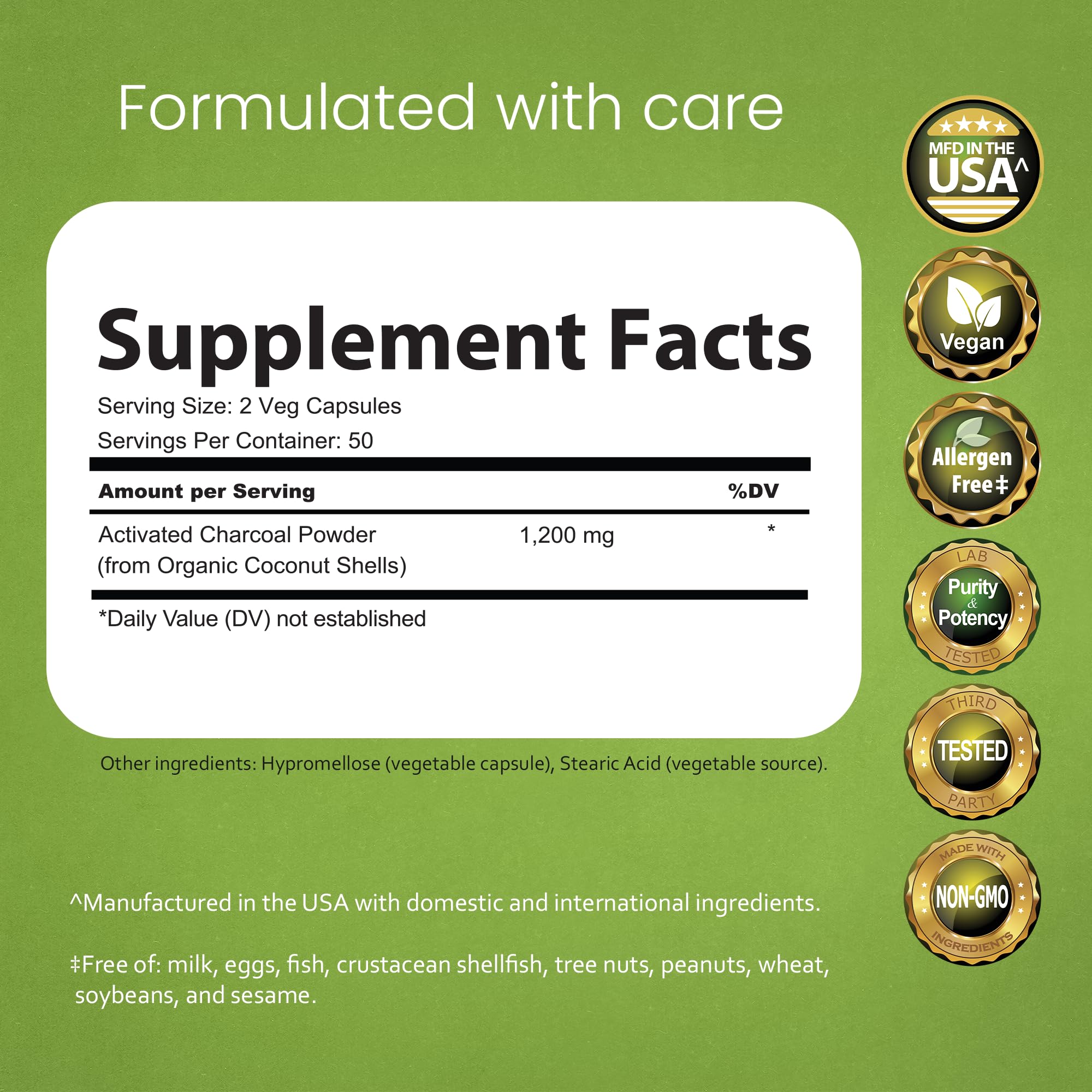 Close-up of capsules highlighting vegan, gluten-free, non-GMO formulation