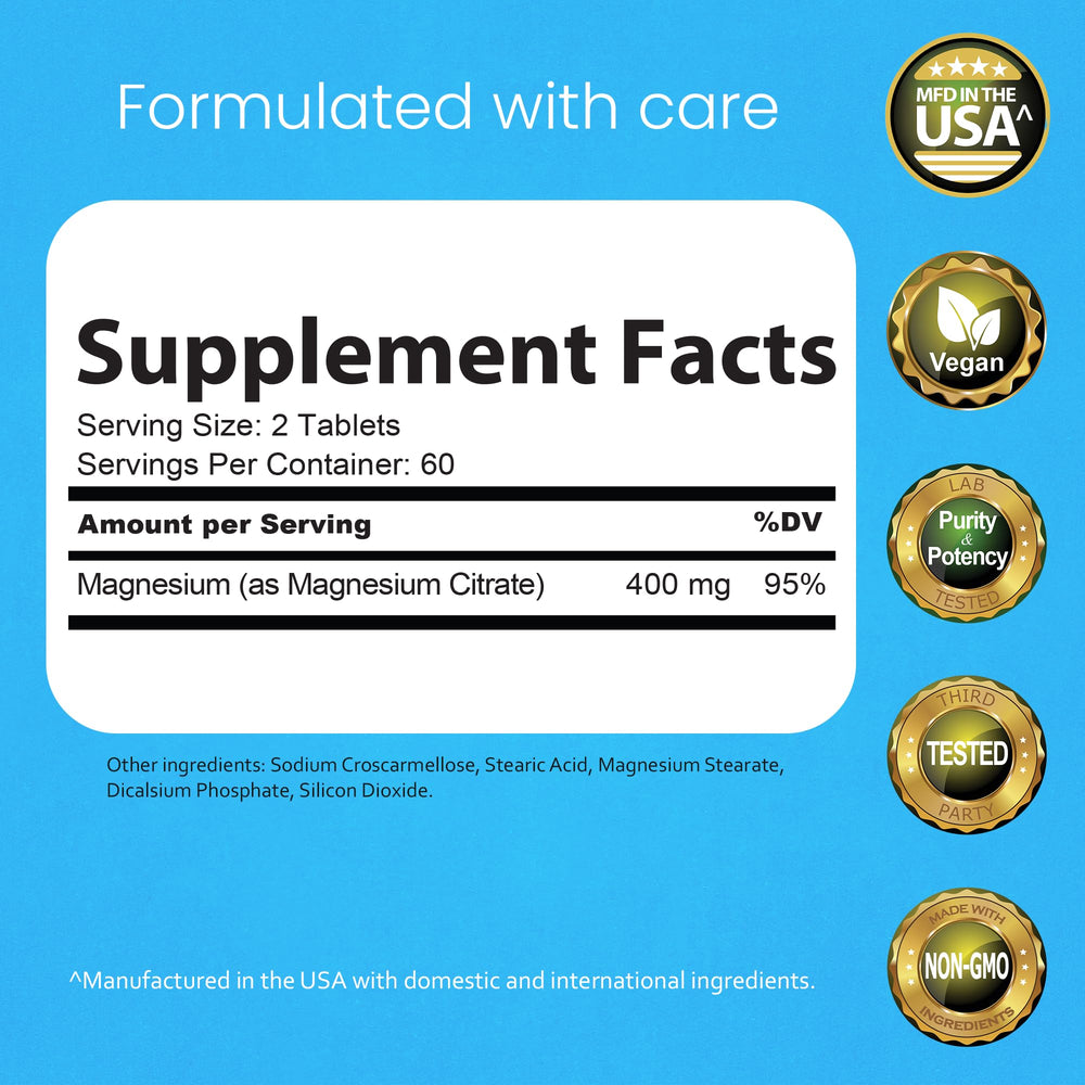 NaturaLife Labs Magnesium Citrate tablet close-up highlighting 400 mg per serving.