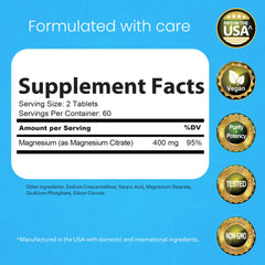 NaturaLife Labs Magnesium Citrate tablet close-up highlighting 400 mg per serving.