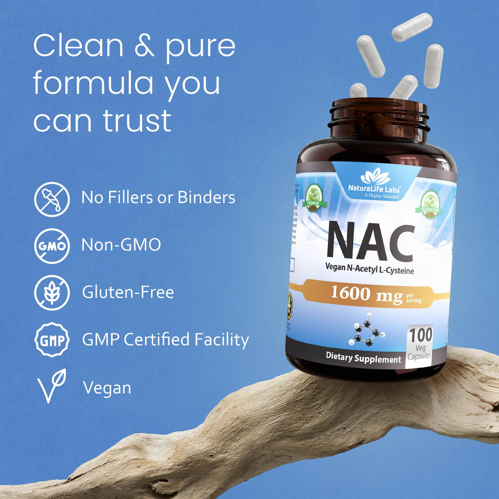 NaturaLife Labs NAC 1600mg bottle back-label with ingredient transparency.