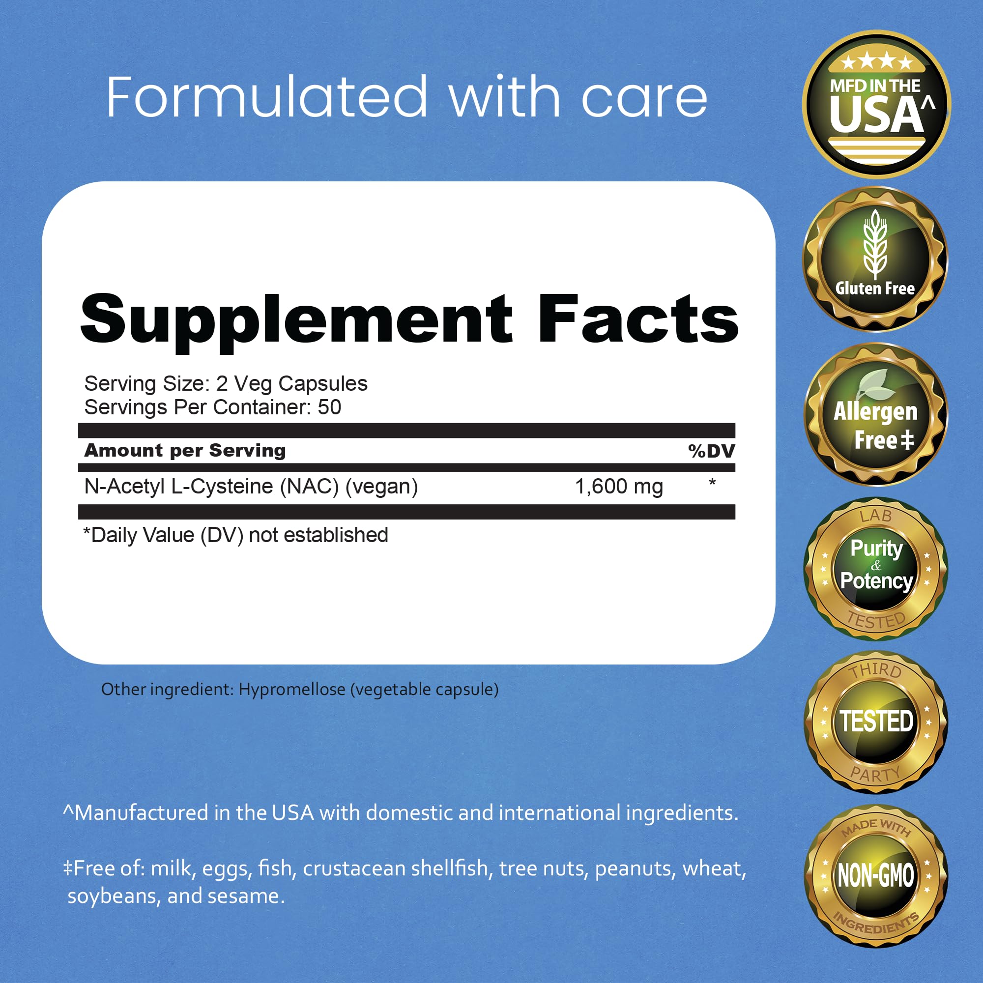 NaturaLife Labs NAC 1600mg bottle front highlighting non-GMO and gluten-free features.
