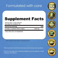 NaturaLife Labs NAC 1600mg bottle front highlighting non-GMO and gluten-free features.