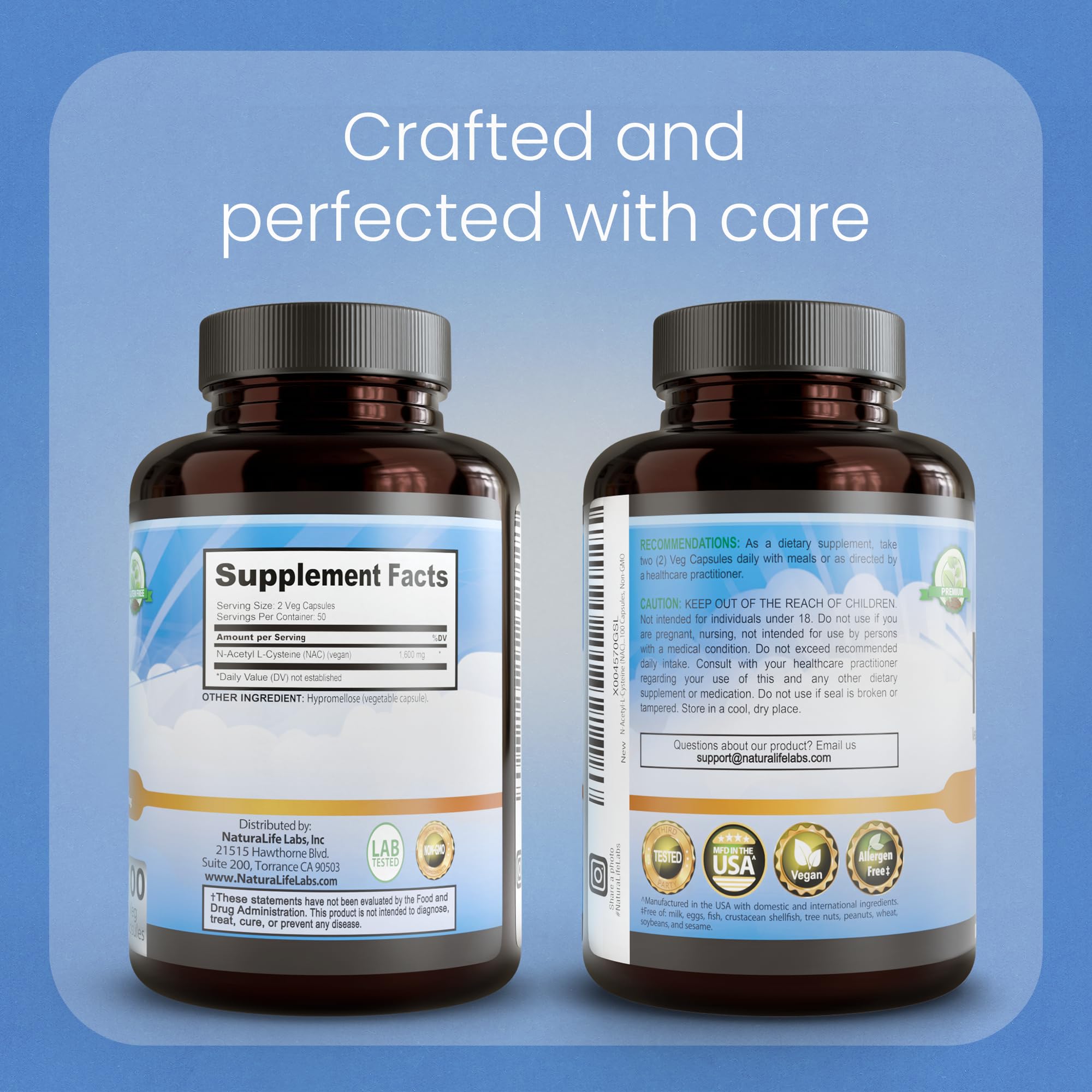 NaturaLife Labs NAC 1600mg capsules in hand for convenient daily use.