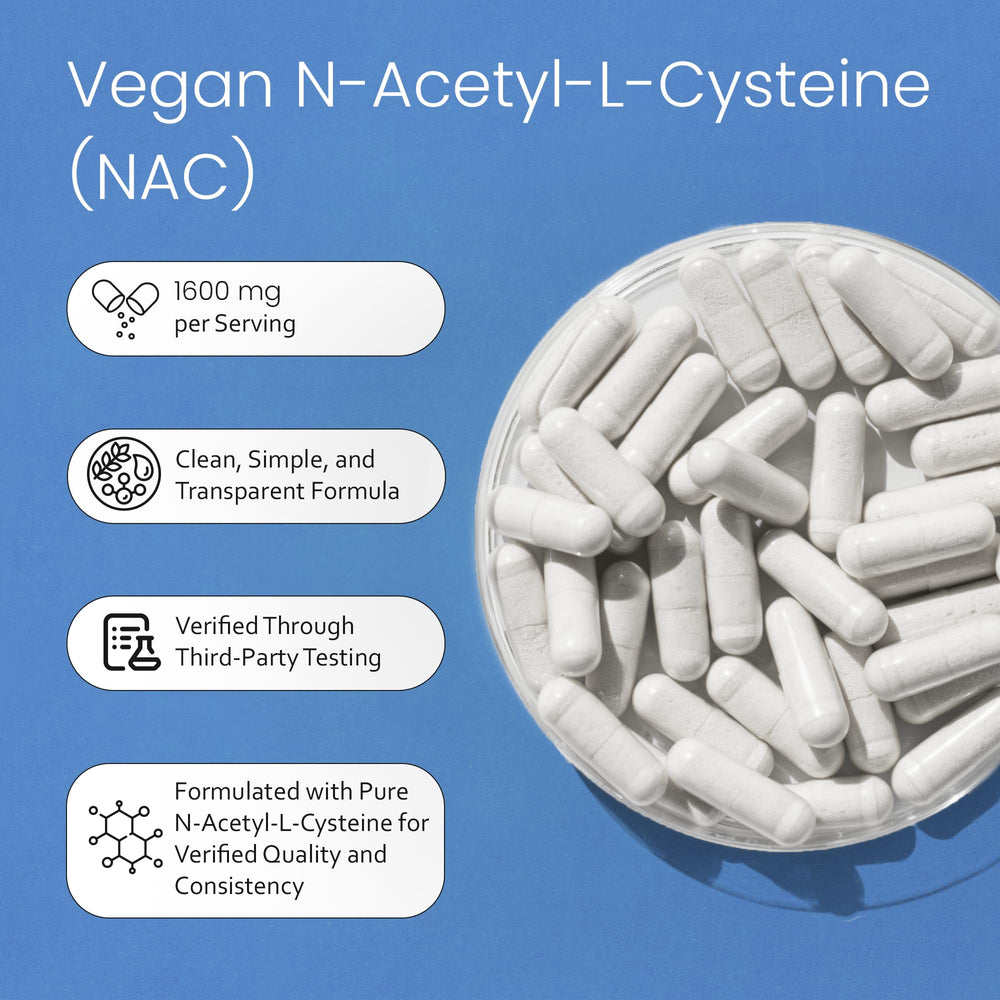 NaturaLife Labs NAC 1600mg capsules row in a daily dose layout.