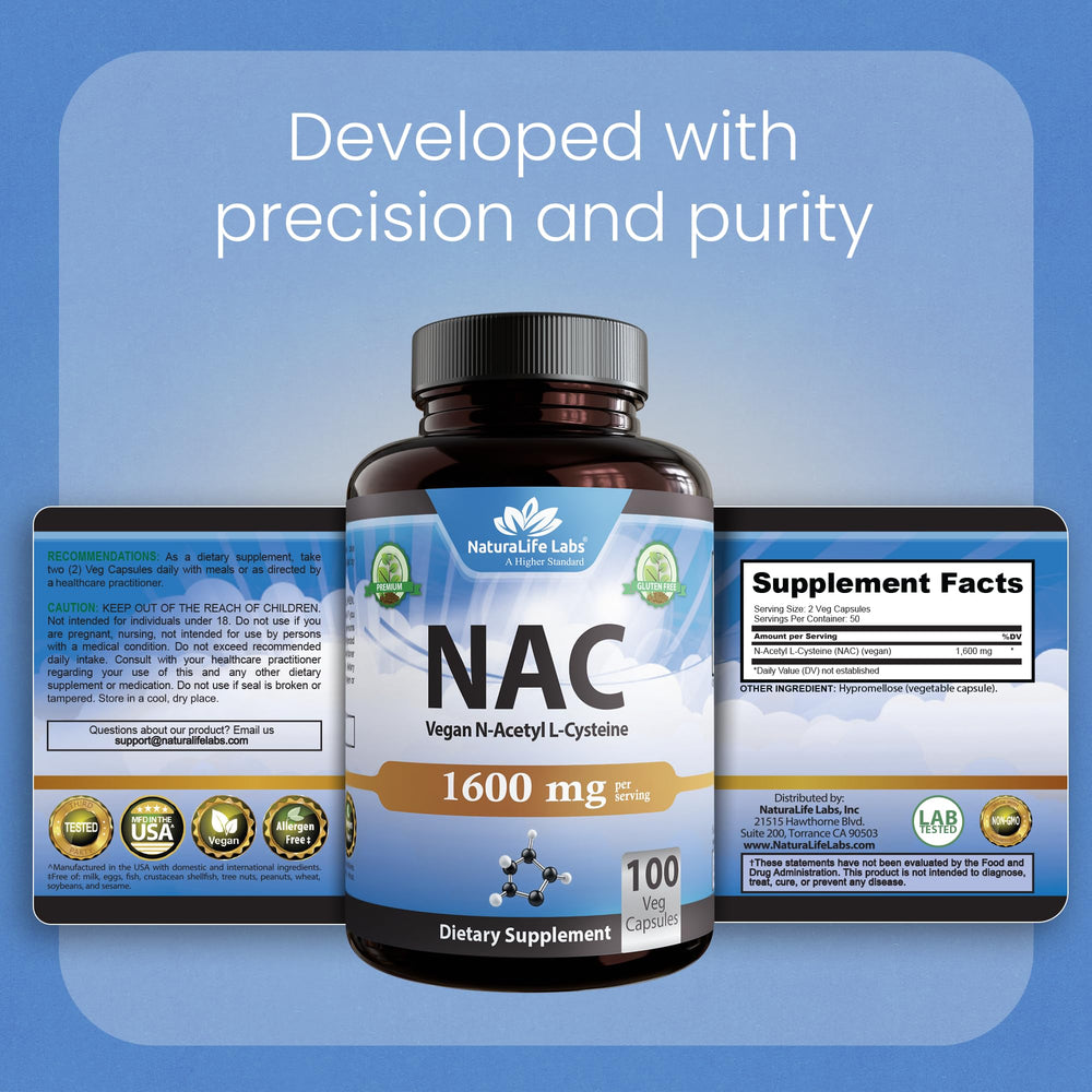 NaturaLife Labs NAC 1600mg packaging front signaling trusted USA manufacturing.