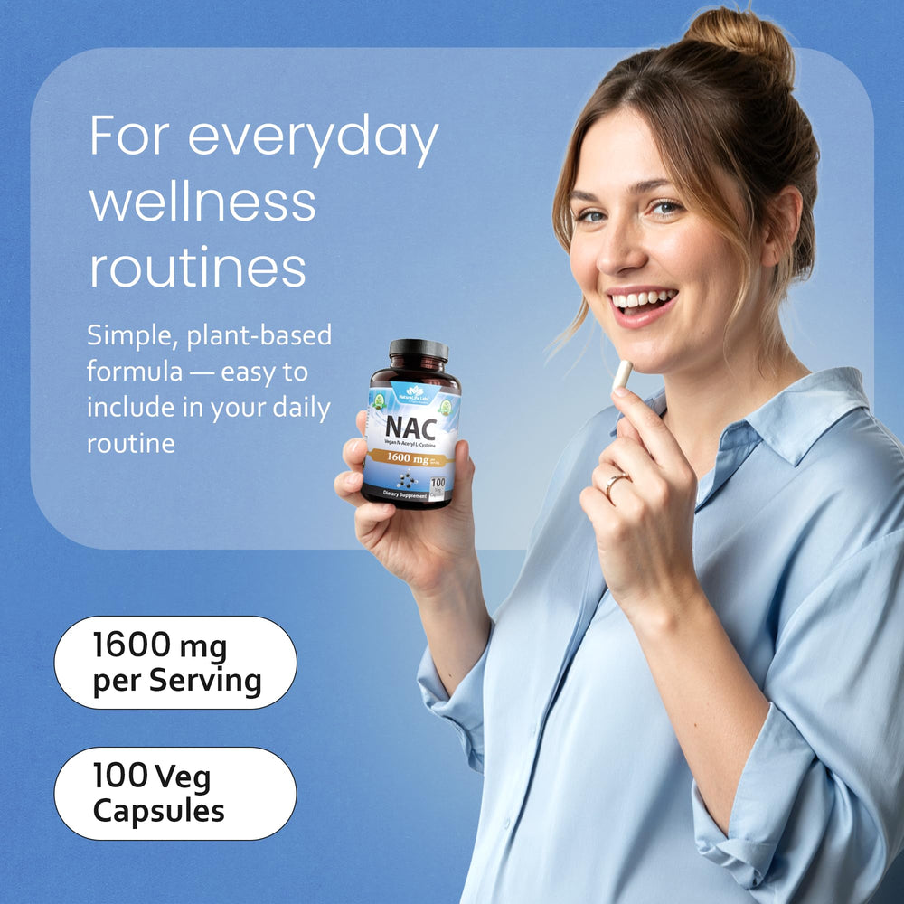NaturaLife Labs NAC 1600mg seal emphasizing non-GMO and gluten-free claims.