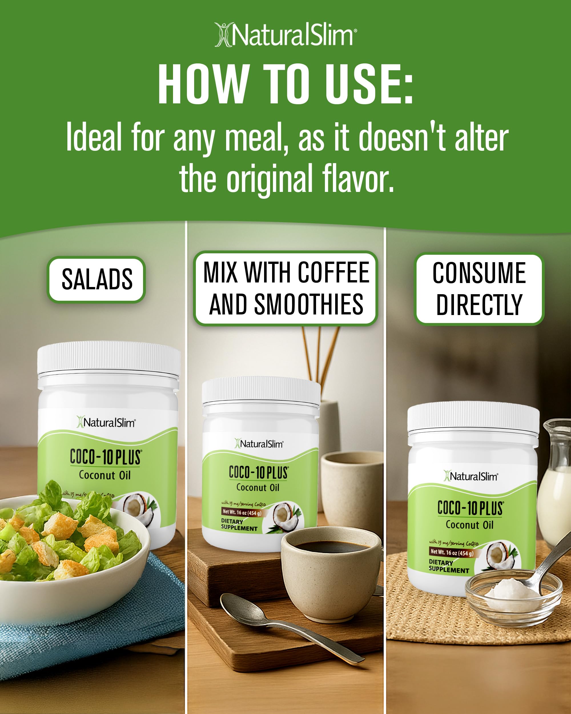NaturalSlim coconut oil with CoQ10 on a spoon for easy daily use