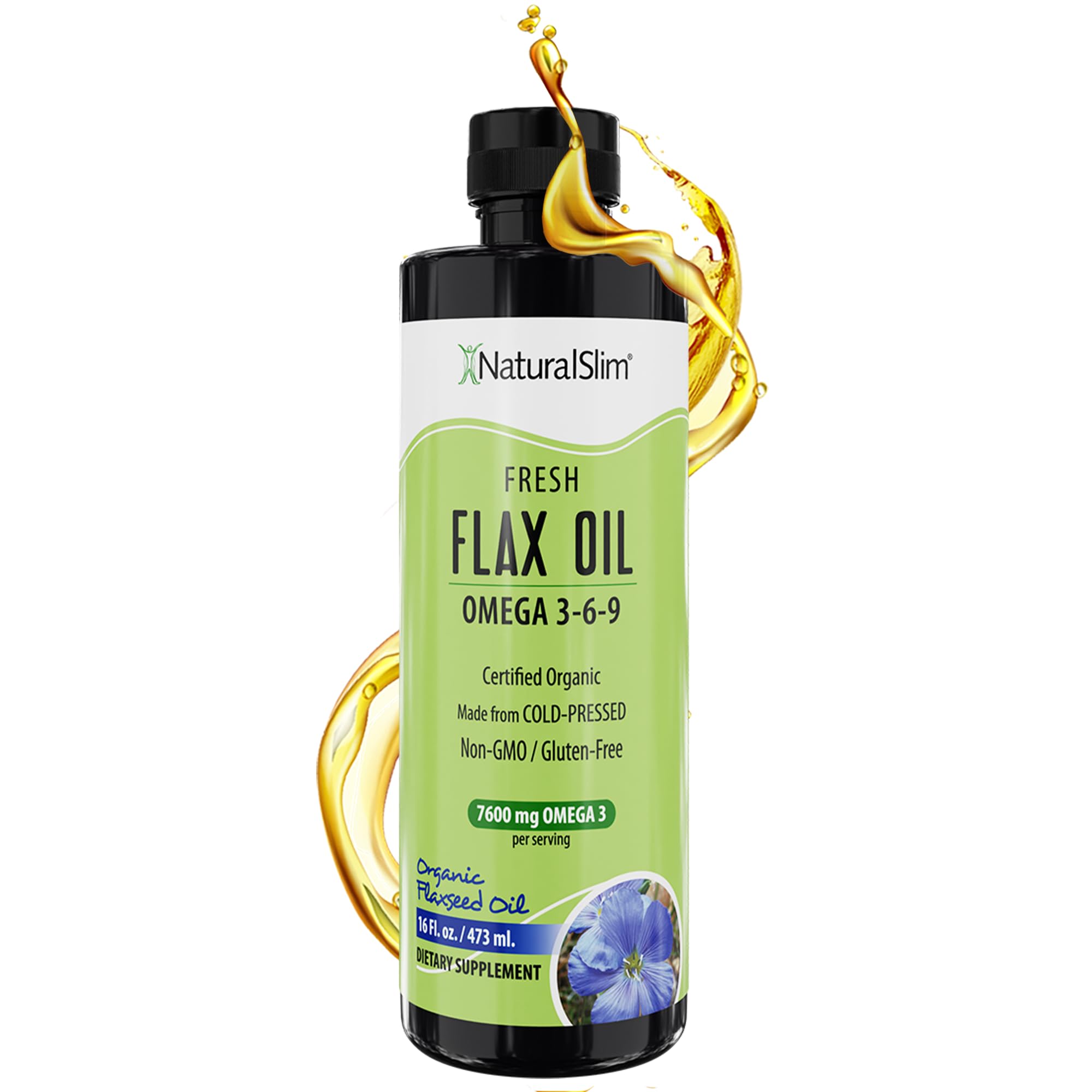 NaturalSlim flaxseed oil bottle pouring for daily omega-3 intake.