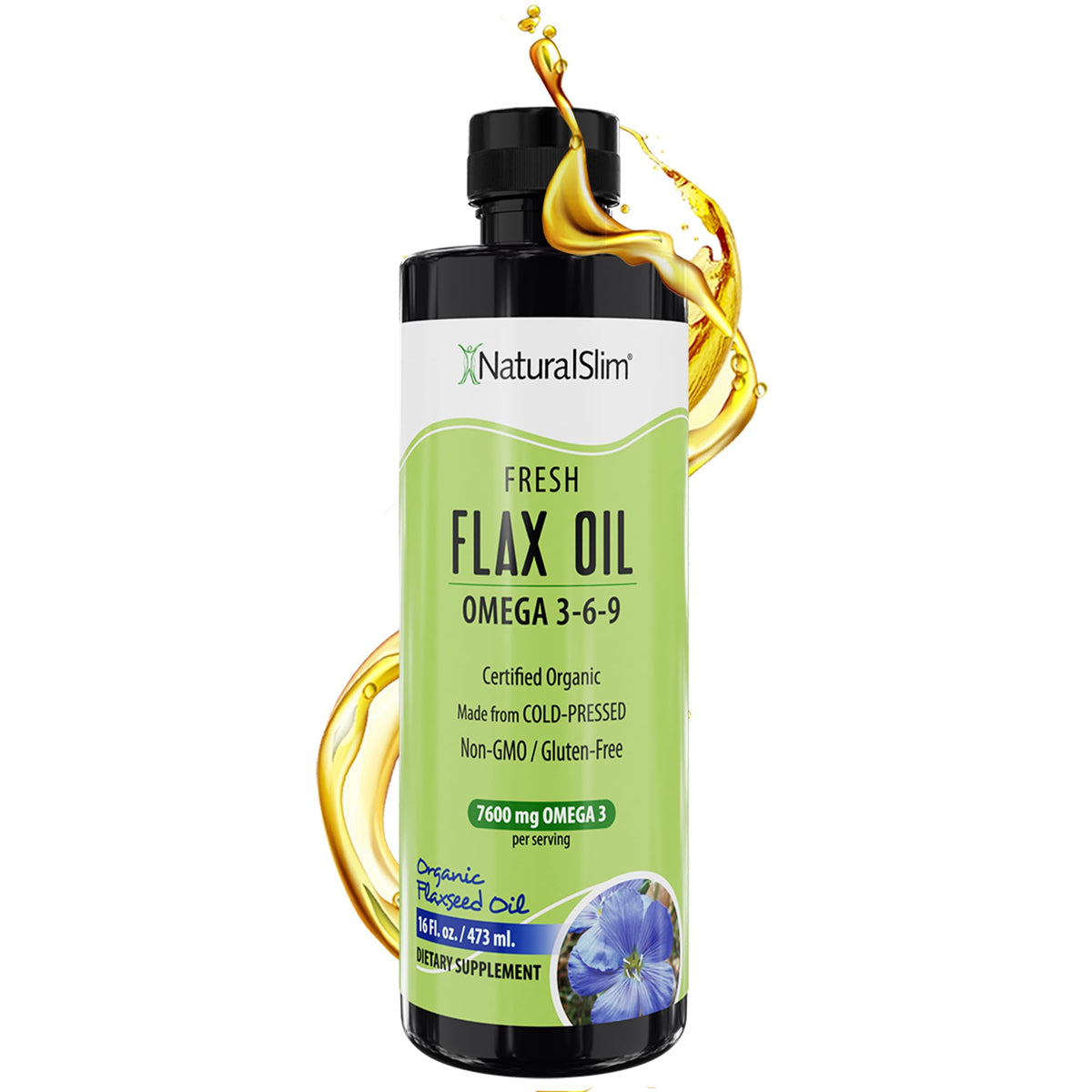 NaturalSlim flaxseed oil bottle pouring for daily omega-3 intake.