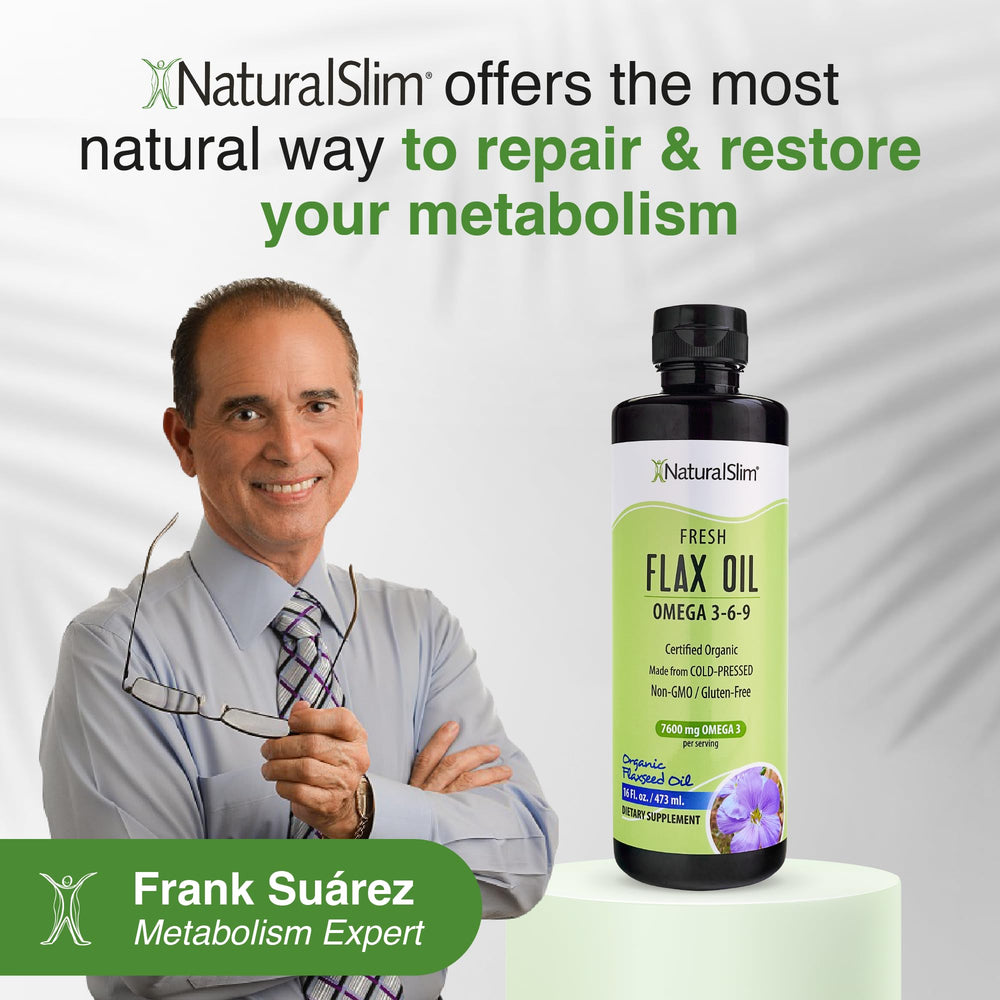 NaturalSlim flaxseed oil in smoothie shot for versatile daily use.