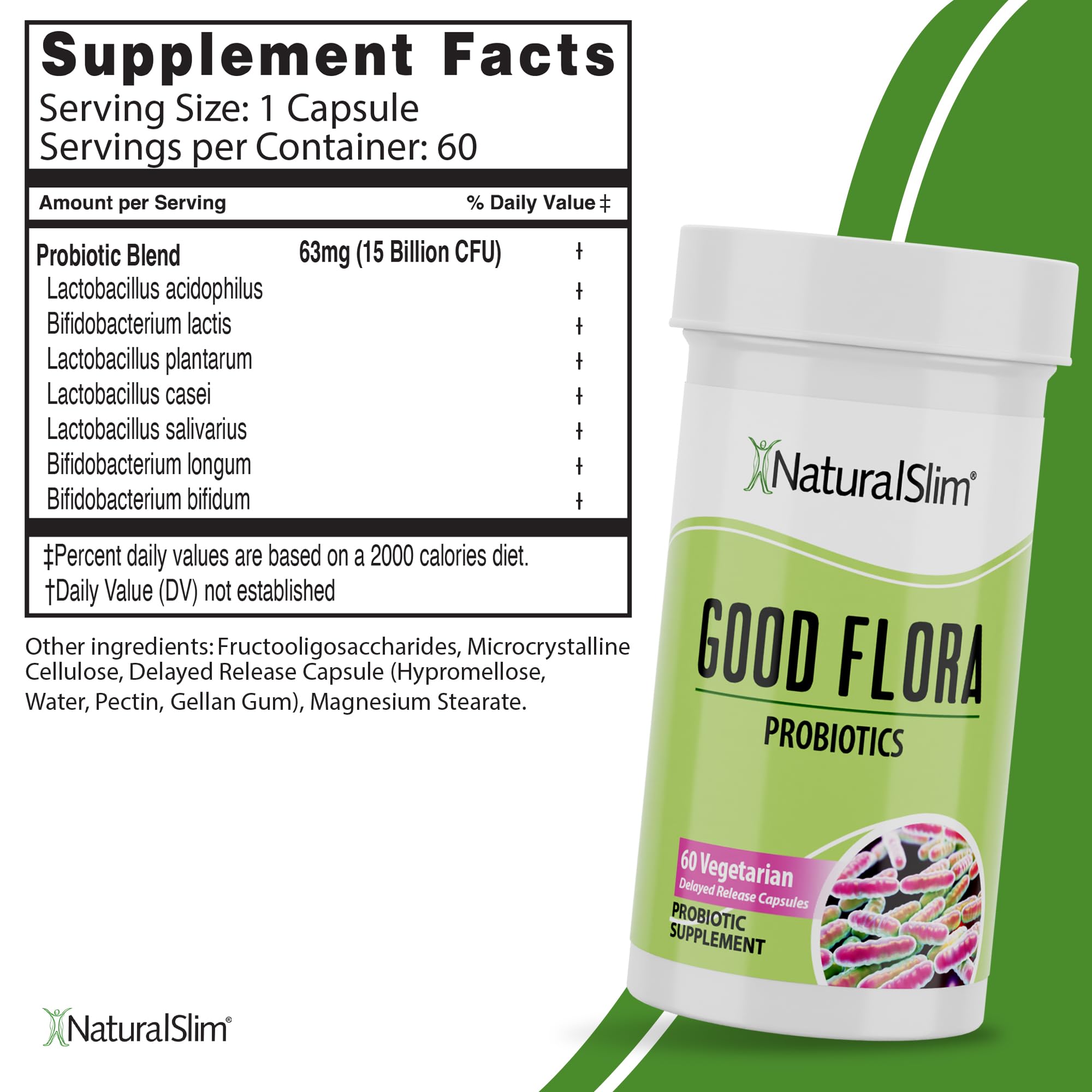 Label panel highlighting seven probiotic strains for gut health