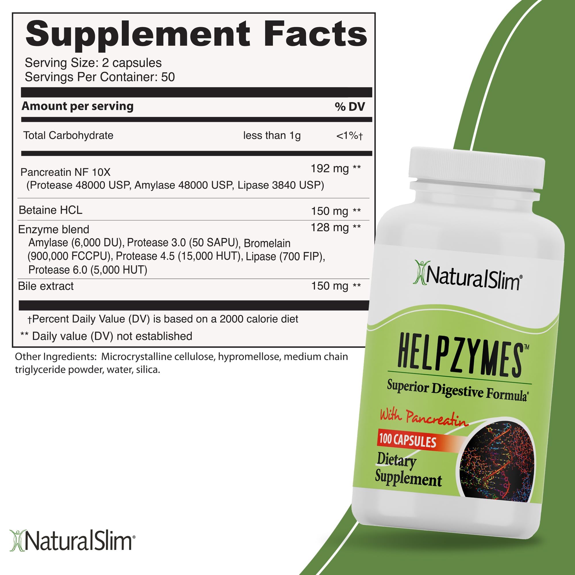 NaturalSlim Helpzymes capsules closeup highlighting convenient capsules for digestion.