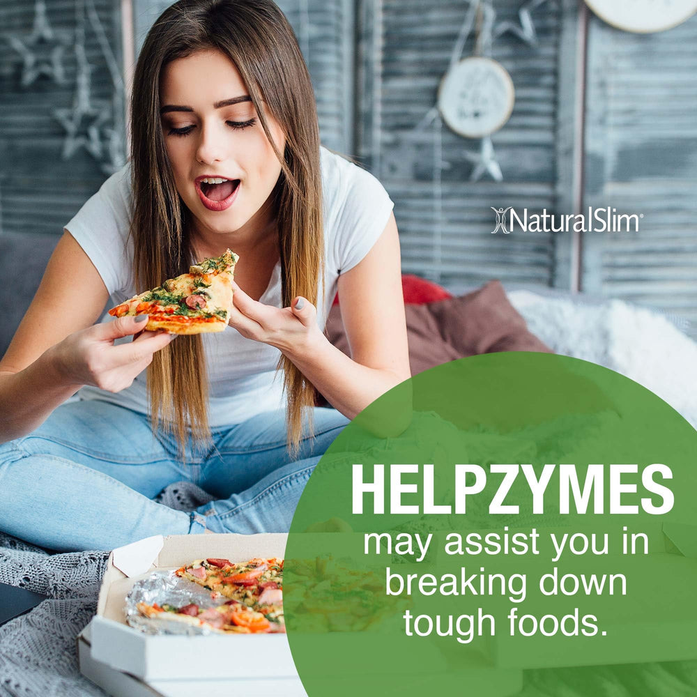 NaturalSlim Helpzymes packaging box showcasing premium enzymes for gut health.