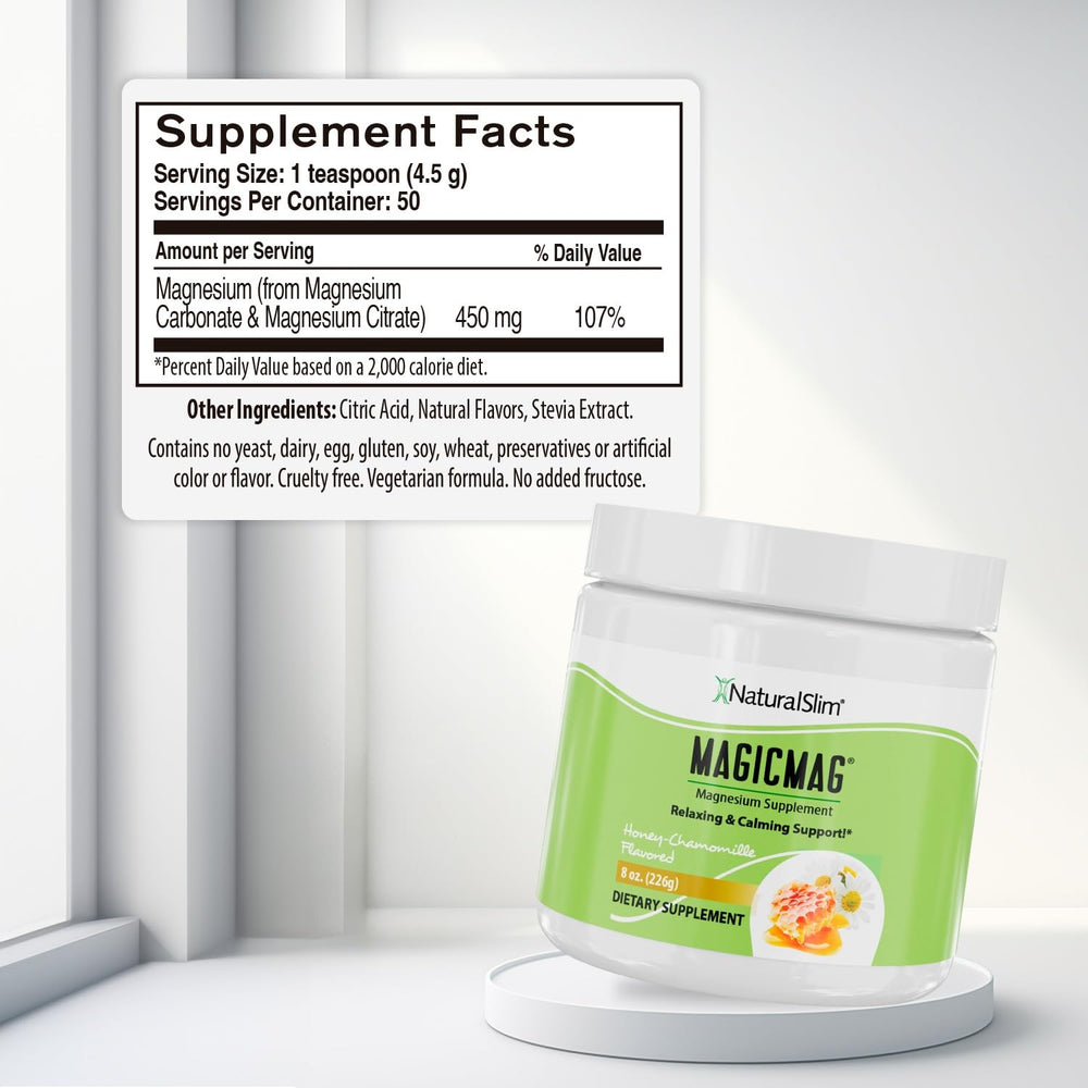 NaturalSlim MagicMag dissolving powder in water shows easy mix for daily calm.
