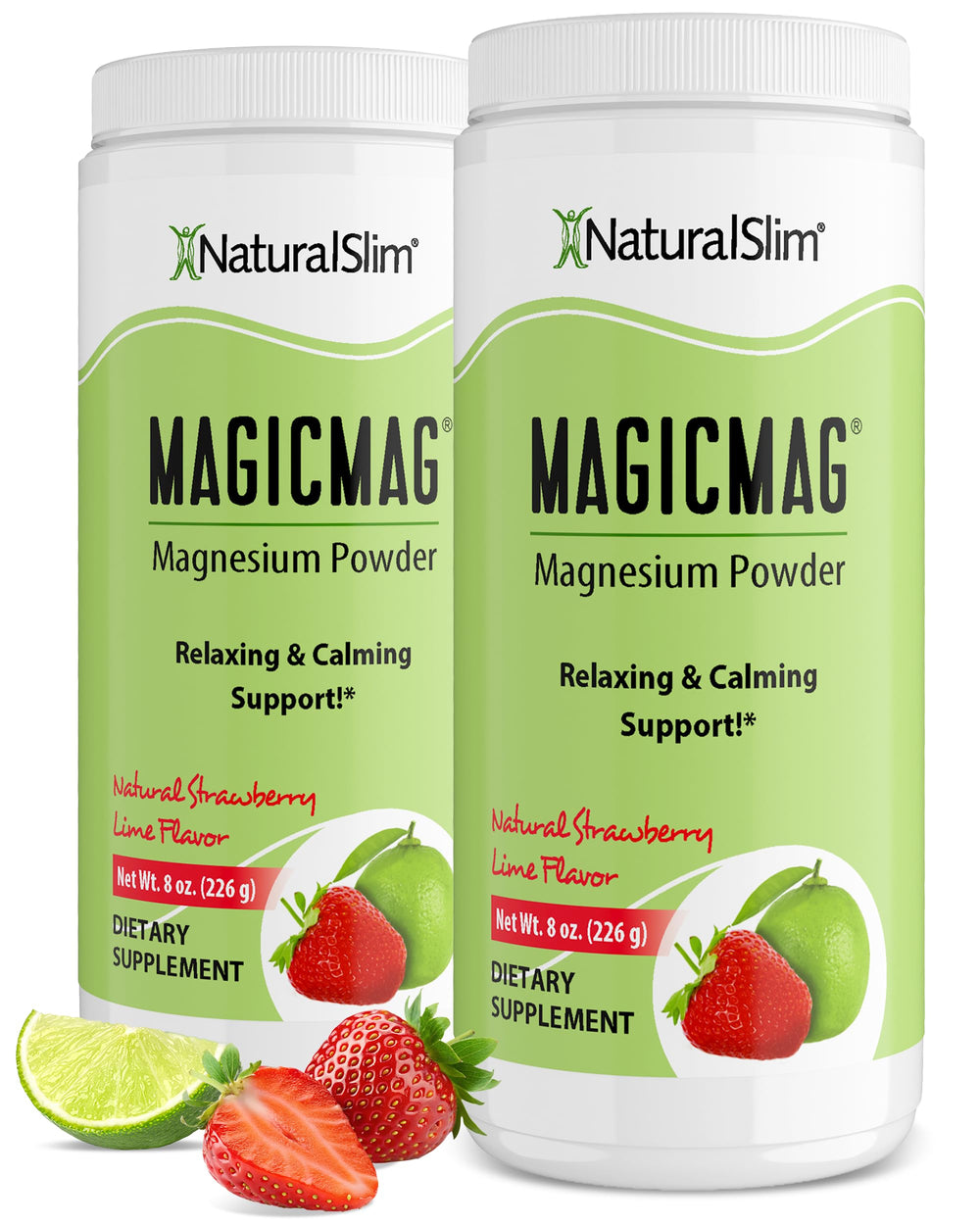 NaturalSlim MagicMag powder bottle highlighting magnesium citrate for daily vitality.