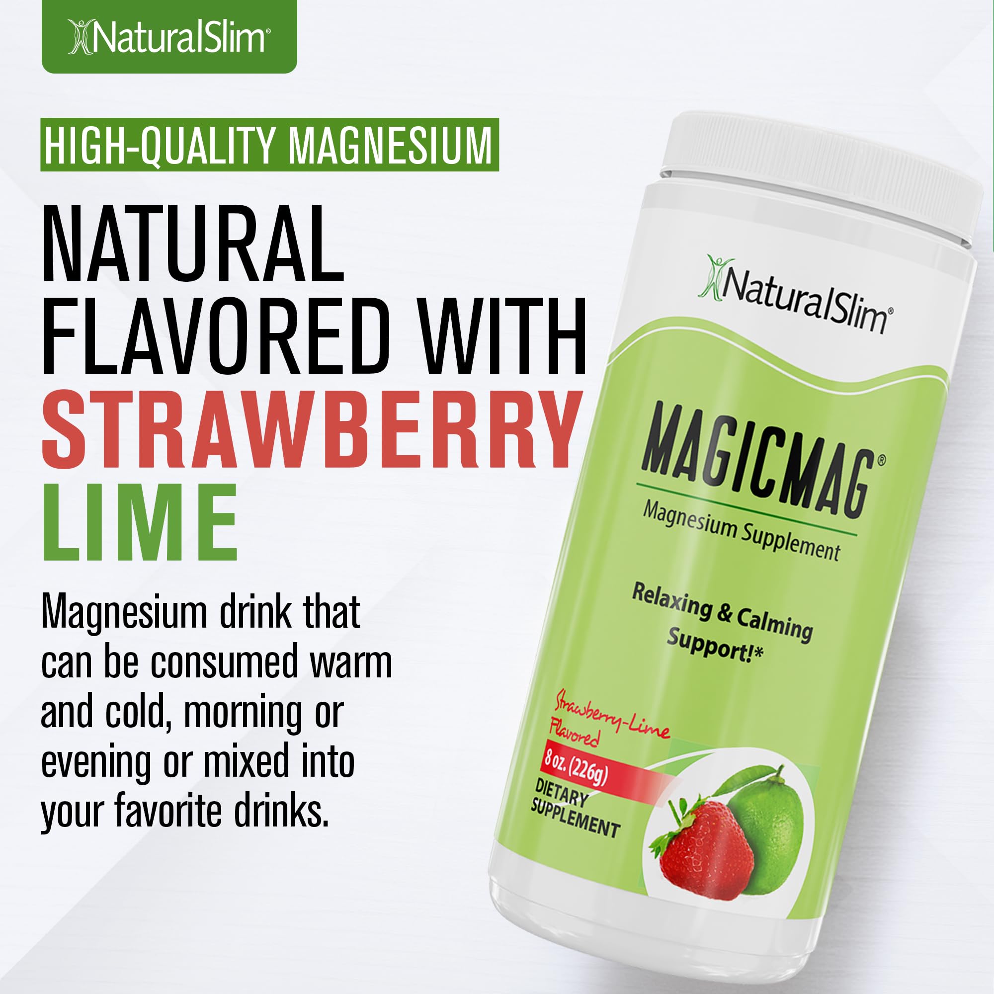 NaturalSlim MagicMag prepared drink with straw and strawberry-lime aroma.