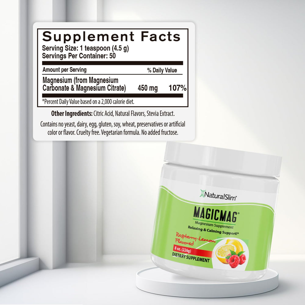 NaturalSlim MagicMag raspberry lemon drink in a glass for refreshment and mood support.