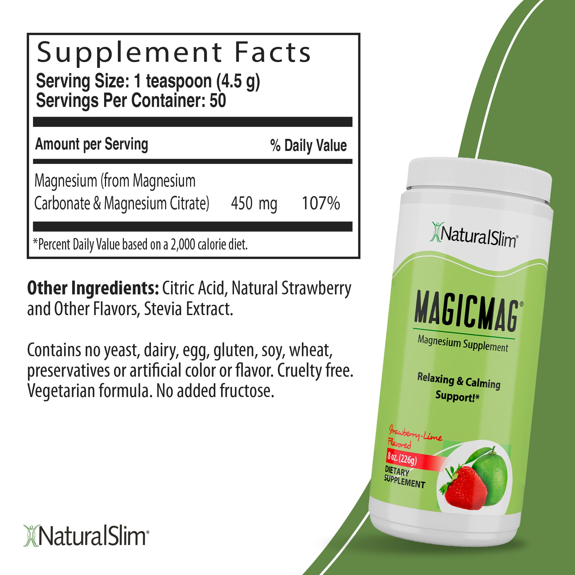 NaturalSlim MagicMag scoop dissolving in glass with strawberry-lime flavor.