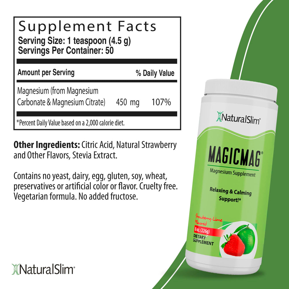 NaturalSlim MagicMag scoop dissolving in glass with strawberry-lime flavor.