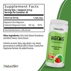 NaturalSlim MagicMag scoop dissolving in glass with strawberry-lime flavor.