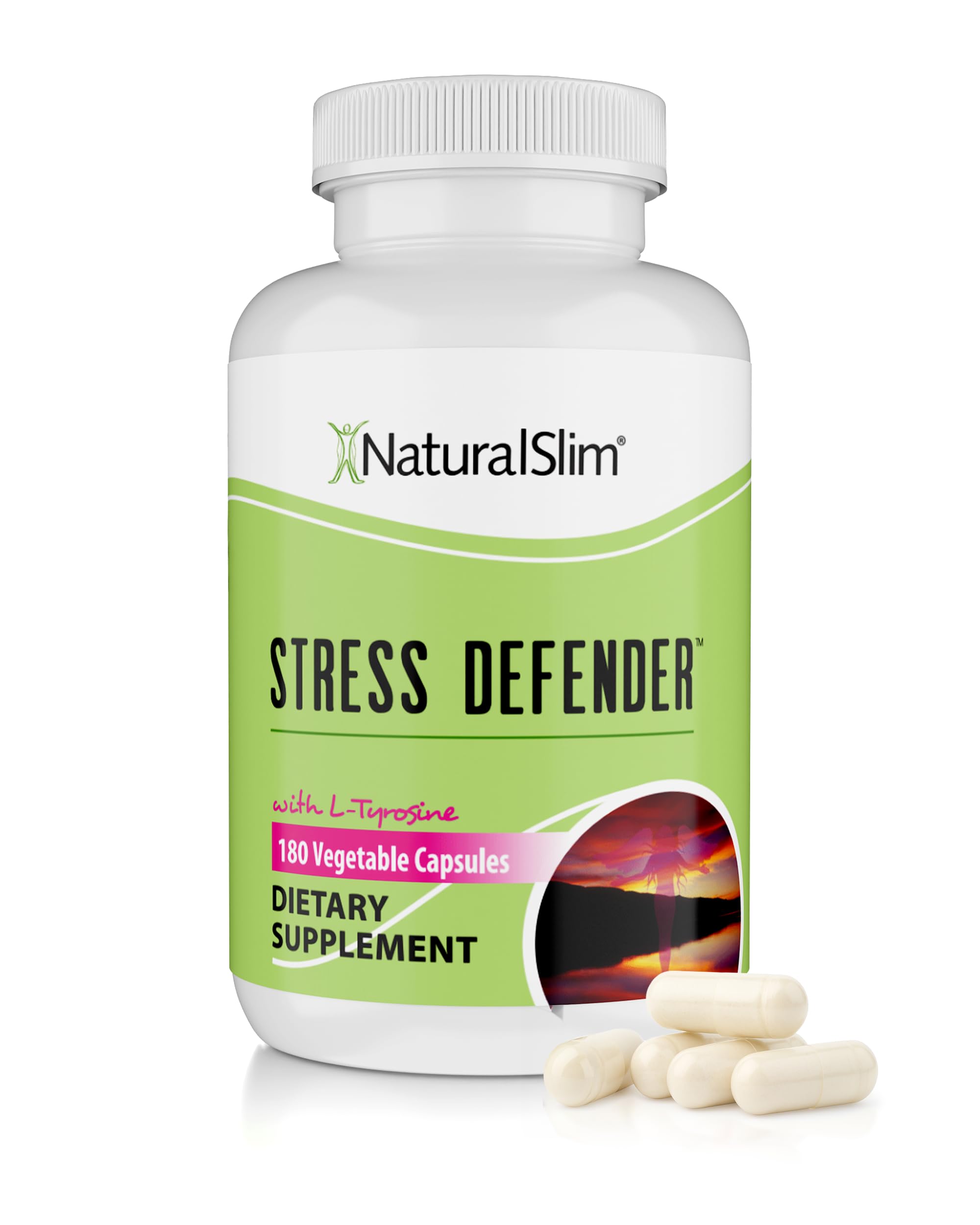 NaturalSlim Stress Defender bottle showing daily stress support and calm focus
