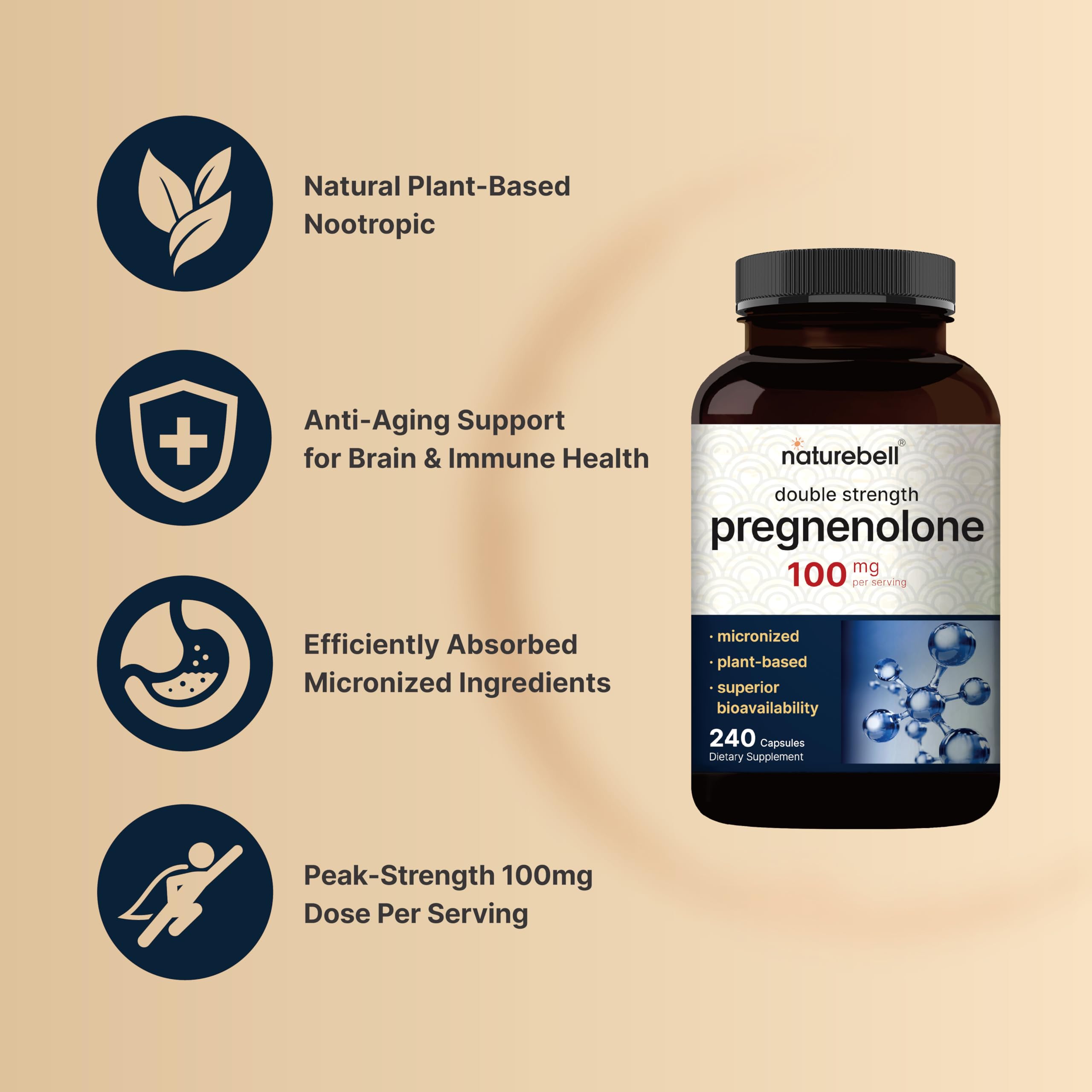 NatureBell Pregnenolone bottle pour showing two capsules per serving